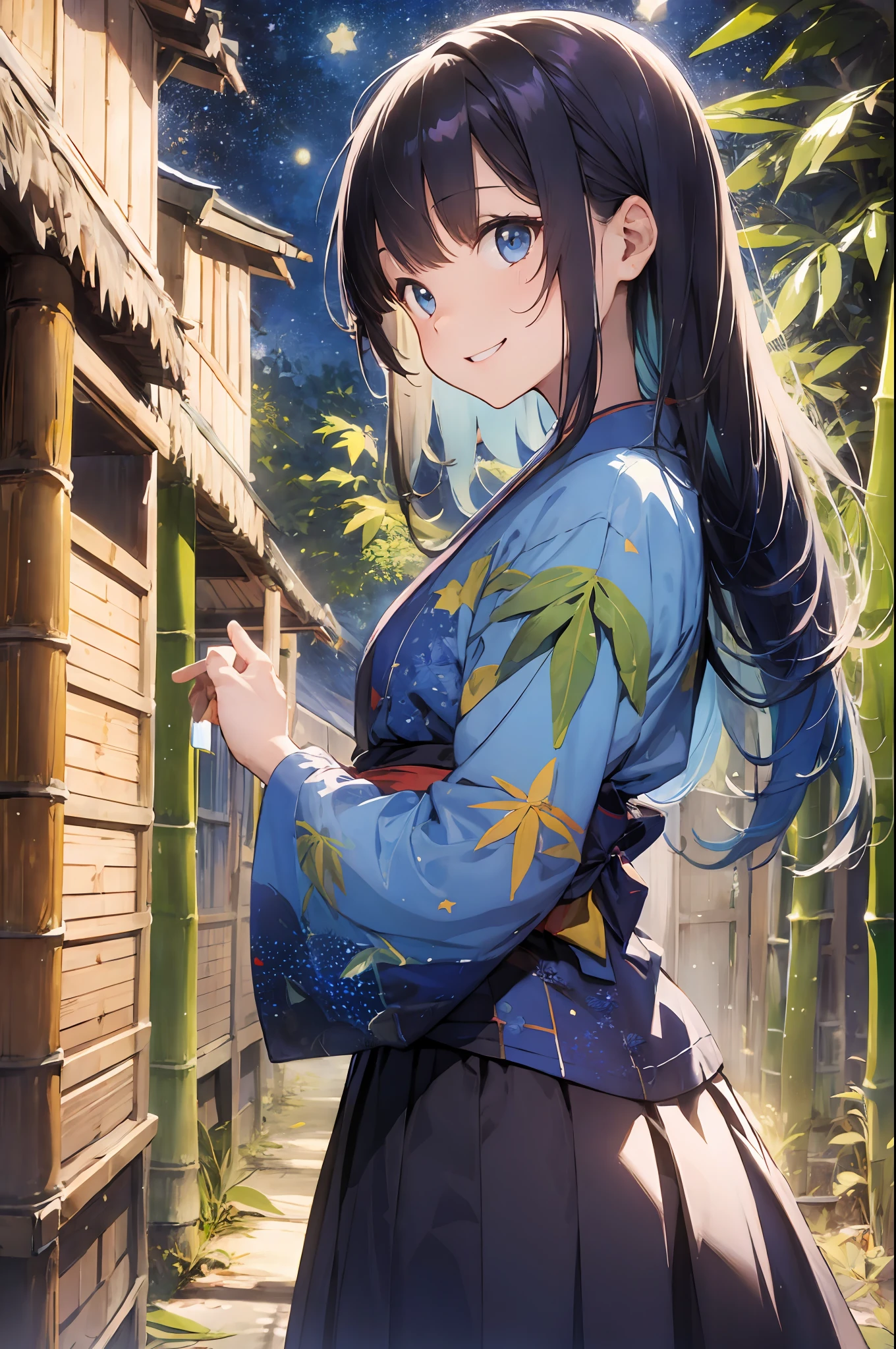absurdres, highres, colorful ,vivid,
BREAK
one girl wearing blue kimono, (tanabata:1.2), colorful (, scattered mixed in (bamboo:1.15) (leaves:1.3) with (Square decorations:1.2) , (smile, happy), (starry) (night:1.2), from side,
BREAK
blue eyes, (pale-blue) (long straight hair), long skirt
BREAK
