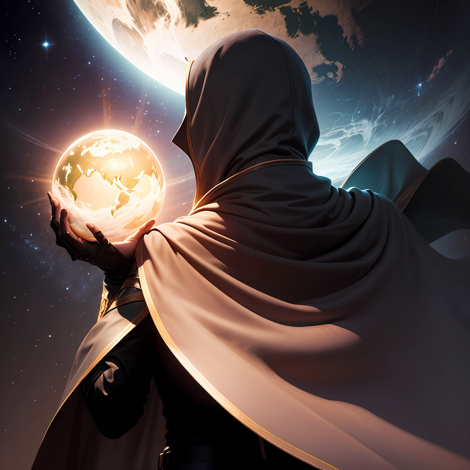 A mysterious man，Wear a cape，without face，In place of the face is a glowing planet，Mysterious atmosphere，The ultra-Realistically --auto