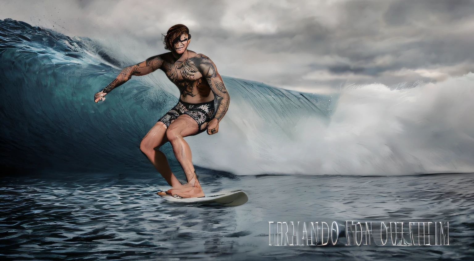 Surfista com tatuagens no corpo surfando uma onda no oceano,realista