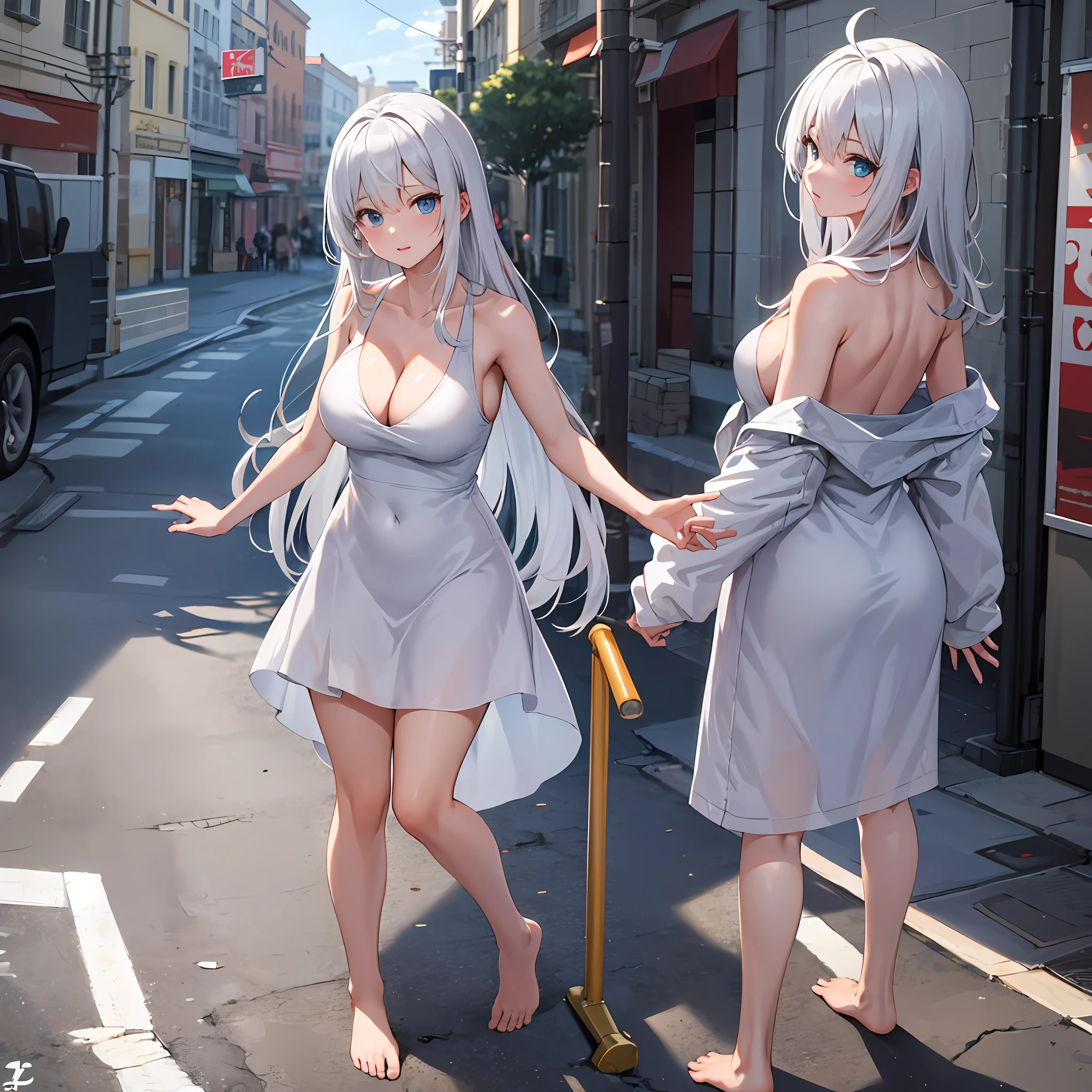 Single person,enmaided,(barefeet), (White one-piece gel coat),(big boob),(Cleavage), Long silver-white hair, Blue eyes,Towards the viewer,Stand on the street,Hands behind your back,Behind your arms