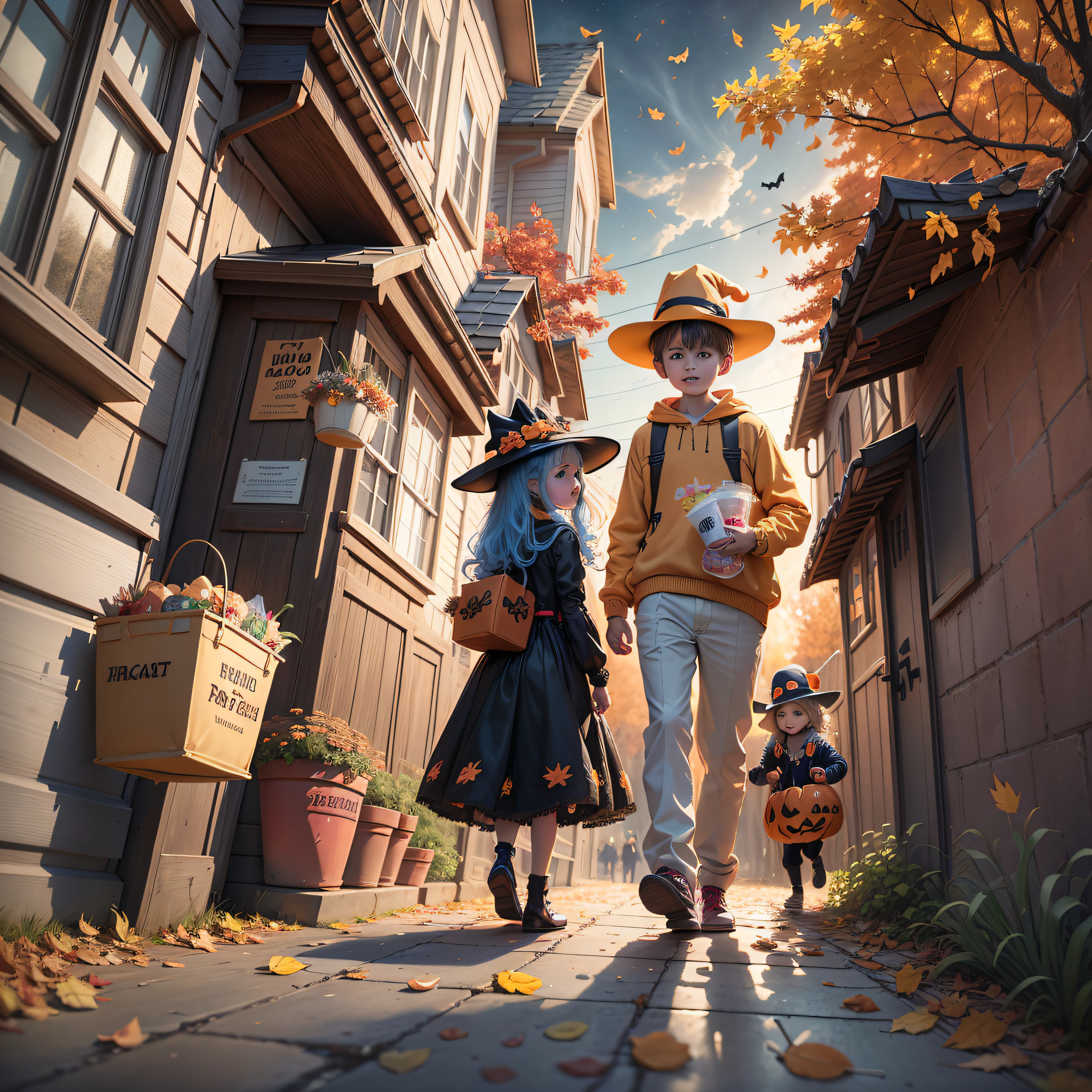 "Trick or Treat": An adorable illustration of children in costumes going door-to-door for trick or treating, with a backdrop of colorful autumn leaves and candy-filled buckets, capturing the excitement of Halloween night, Ultra realism, color field printing, high detail, UHD, 8k, anatomically correct, cinematic lighting 4d quality --auto --s2