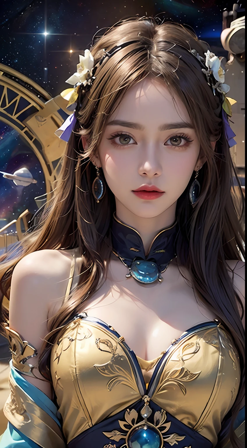 1 27-year-old girl, 1 zodiac goddess from the future, goddess of the pink and purple 12 zodiacs, the goddess of the zodiac in a yellow ao dai, a 12 zodiac ao dai with many black lace detail, mythology Goddess of the 12 zodiacs from the future, zodiac ♏, luxurious glittering zodiac style, dark and mysterious version, zodiac crown, lipstick lips red, thin and beautiful lips, don't smile, keep your mouth shut, characters made by karol bak and pino daeni, intricate detail, detailed background, extremely detailed, light magic, a woman, clear face, look at the face of goddess zodiac look at the zodiac goddess face, moderately large breasts, round breasts, Big and round breasts, hair long with bangs, beautiful face in detail and well-proportioned eyes, (transparent yellow eyes: 1.8), big round eyes and very beautiful and detailed makeup, foresight, silk dress, mysterious makeup, Bangles, double bangs and dyed light blonde, upper body, (zodiac goddess upper body: 1.9), arms hanging loosely, Realistic and vivid photo, (stars make up the zodiac: 1.7), (sky background zodiac and fictitious space and time portal: 1.8), fiction art, RAW photo, hanfu picture, best photo, high_res, best quality, best photo quality, 8k quality, 8k ultra, super realistic, real photo most economical, artistic portrait of goddess zodiac, 1 symbol of 12 zodiac signs on the back, single portrait of 1 zodiac goddess, The most realistic color scheme, the best photo color, masterpiece, hair ornament, necklace, jewelry, Beautiful face, upon body, tyndall effect, photo realistic, dark studio, rim lighting, two tone lighting, (high detailed skin:1.2), 8k uhd, dslr, soft lighting, high quality, volumetric lighting, candid, Photograph, high resolution, 4k, 8k quality, Bokeh, Smooth and sharp, increase the pixel by 10x, Charming zodiac goddess, sexy zodiac goddess, (background space:1.8), (galaxy: 1.7), aurora, lightning, (Auroral Background: 1.8) <lora:locon_perfecteyes_v1_from_v1_