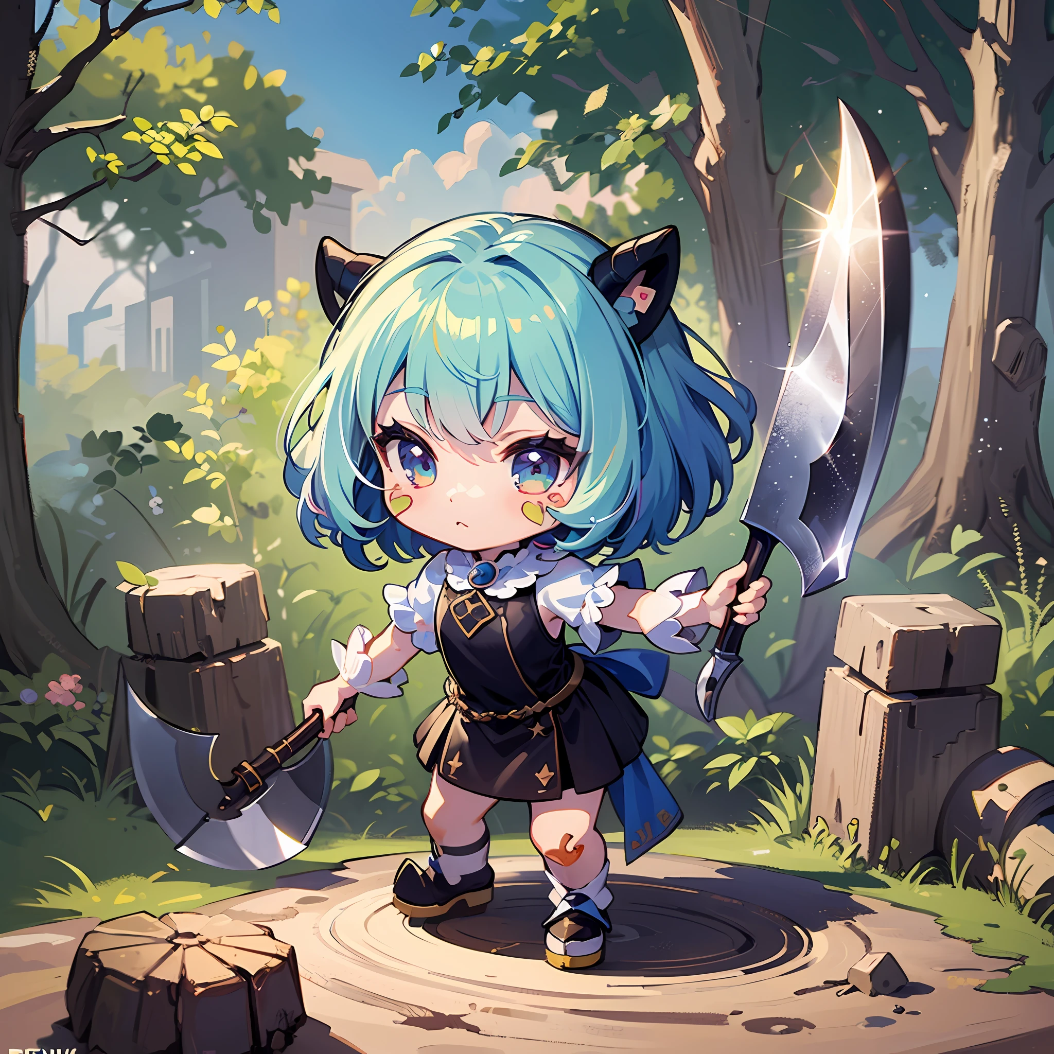 ((sticker:1.5)))、((Chibi Chara))、(((Super giant axe)))、Fluffy、The girls、Strong perm、warrior、battle field、Strongest、Chibi Chara、fully body、pastel-colored hair、Fairy tale、Fantastical、masterpiece、best qualiy、high picture quality