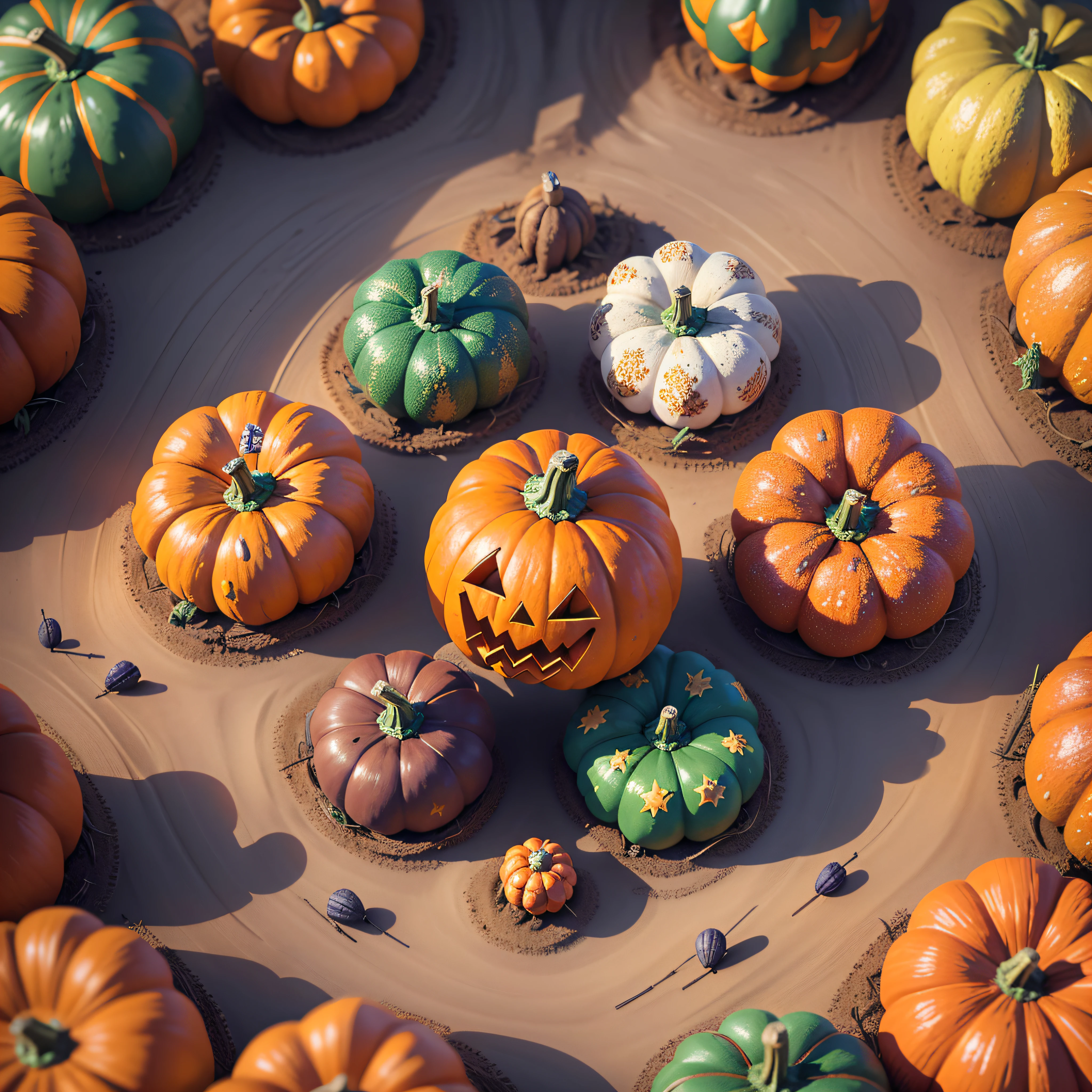 "Pumpkin Patch": A whimsical scene featuring a vibrant pumpkin patch with rows of pumpkins in different shapes and sizes, surrounded by cheerful scarecrows, perfect for a t-shirt design celebrating the fall harvest and Halloween, Ultra realism, color field printing, high detail, UHD, 8k, anatomically correct, cinematic lighting 4d quality --auto --s2