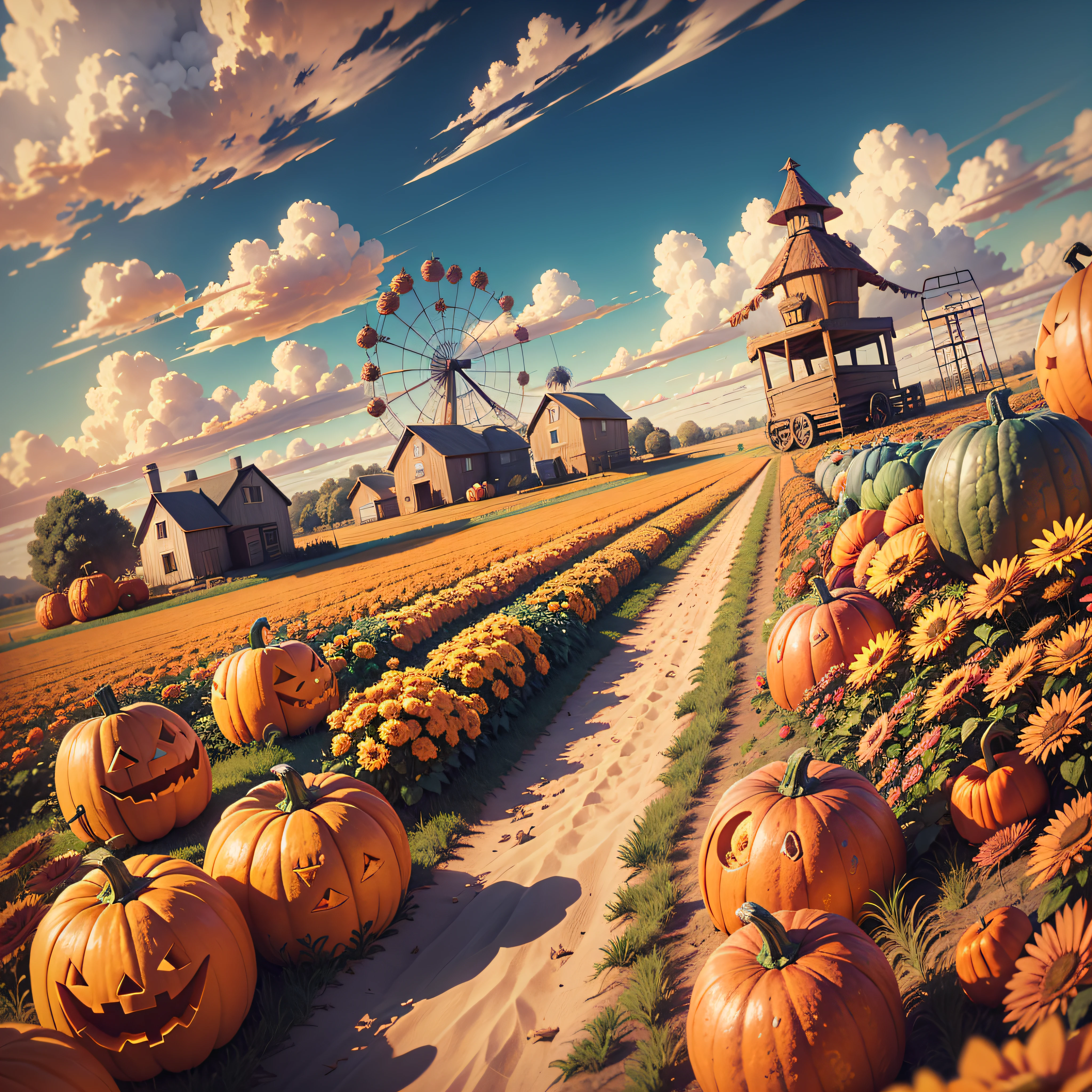 "Pumpkin Patch": A whimsical scene featuring a vibrant pumpkin patch with rows of pumpkins in different shapes and sizes, surrounded by cheerful scarecrows, perfect for a t-shirt design celebrating the fall harvest and Halloween, Ultra realism, color field printing, high detail, UHD, 8k, anatomically correct, cinematic lighting 4d quality --auto --s2