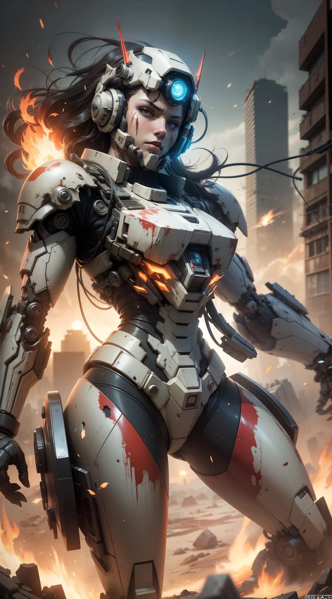 Look down from the top of your head，（Digital artwork：1.3）（a sketch：1.1）Octane renders a wasteland，weed，Dilapidated houses，macadam，Sunset，in crimson red，（（（A girl in a combat suit stands on a broken mech with only her upper body，There is blood at the corner of the mouth，Messy long hair flying，The cockpit opens））），One arm of the mech was broken，Mars splashes，Broken，Exposed wires，（（Mecha is depicted finely）），（（（ultra fine））），Shoot at 8K resolution，Gasoline liquid，firelight，exploding，splash arts，Lithography in intricate details，（Light particles：1.2），（game concept：1.3），（deep of field:1.3),Global illumination,well detailed,Trends on ArtStation，Epic shooting，Cinematic lighting