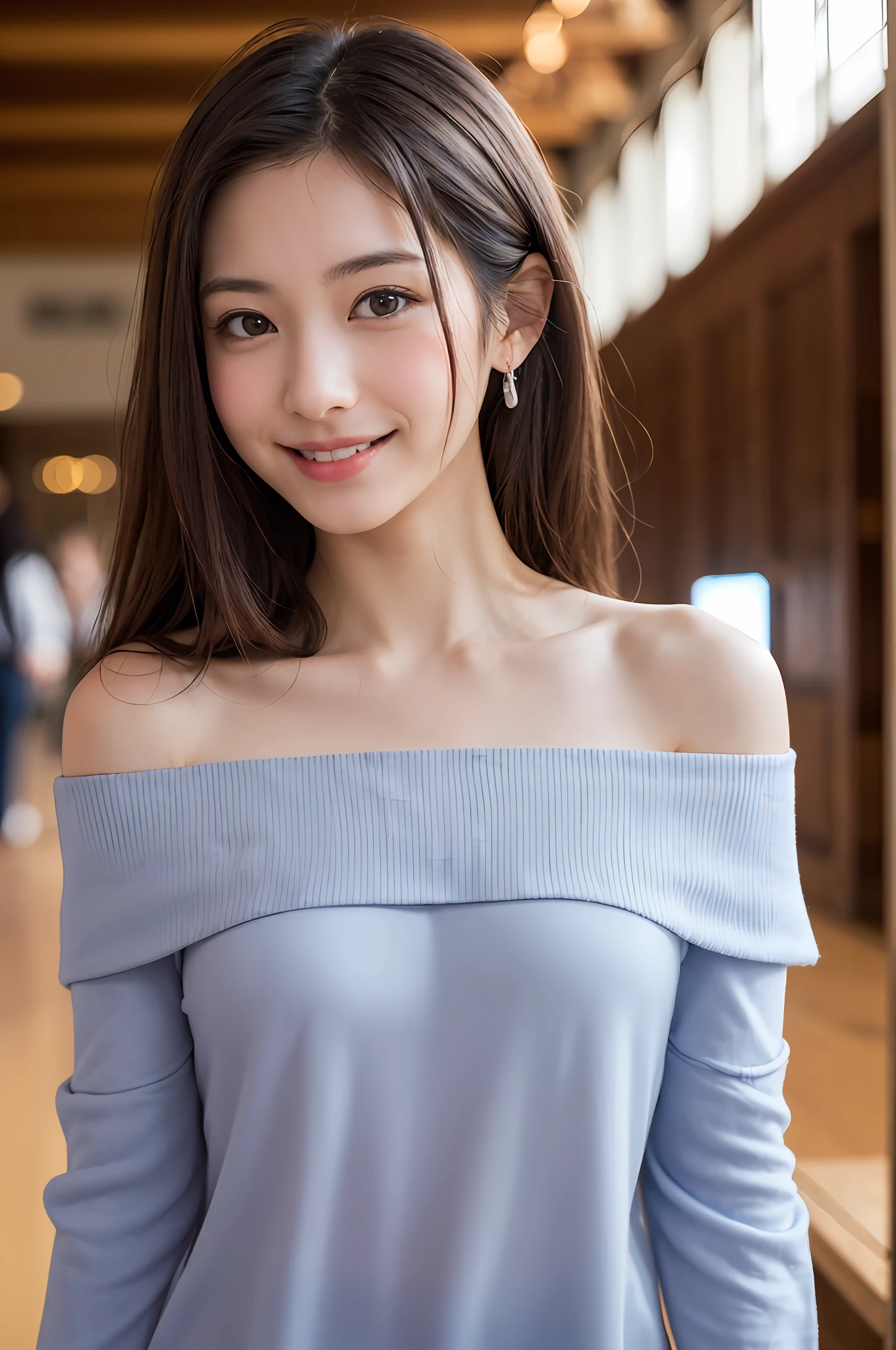 Top Quality, Face Focus, Soft Light, (Depth of Field), Ultra High Definition, (Photorealistic: 1.4), RAW Photo, (Portrait: 1.4), 1 Japan Girls (from the front), Solo, Cute, (Shy, Smile:1.1), (Brown Eyes), Detail Beautiful Face, (midi_hair), European Castle Hall, Walking, (Off-the-Shoulder Shirt )