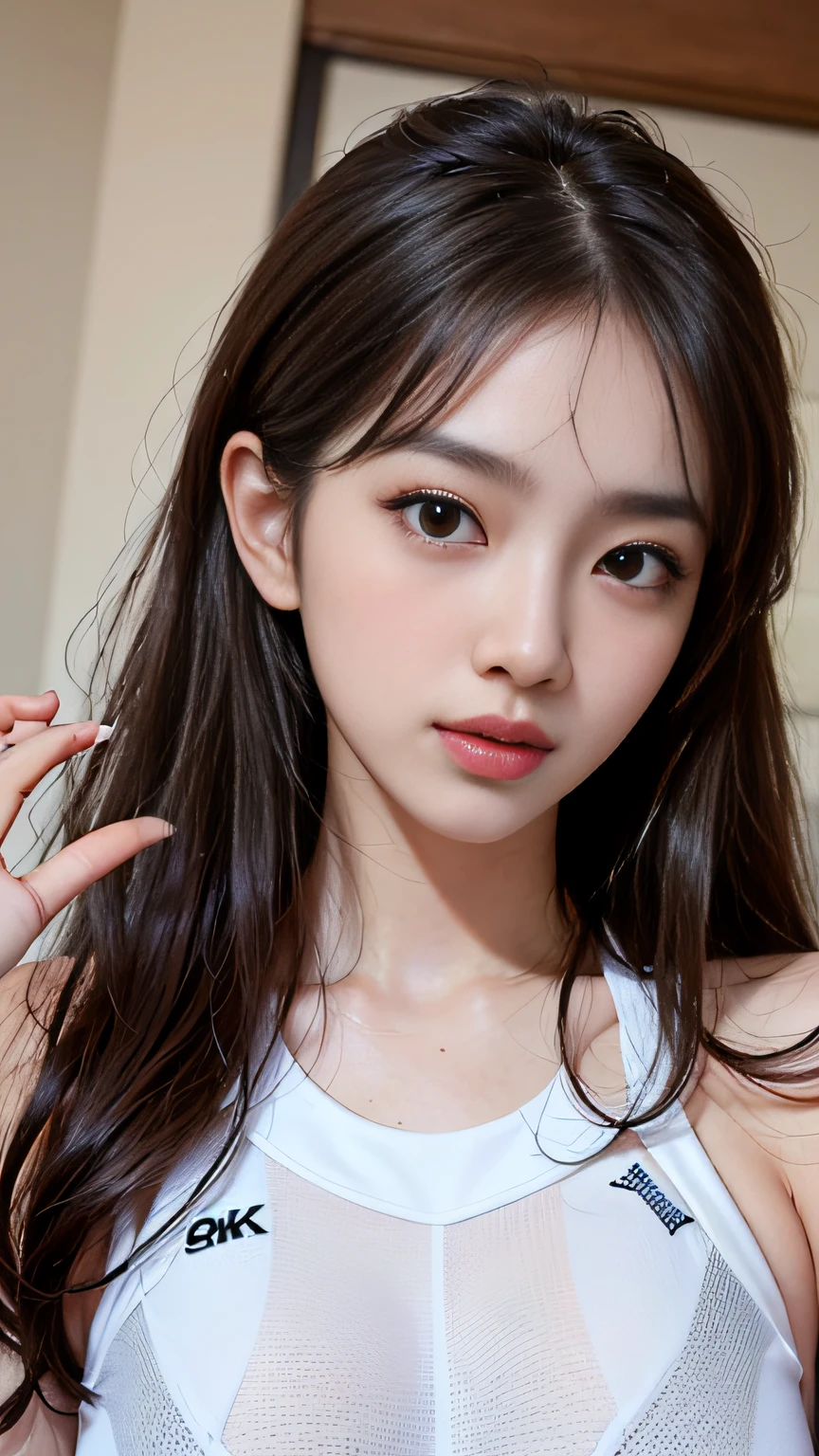 Slender Asian girl, kpop idol, ((gymnast in competition)), ((top quality, 8k, masterpiece: 1.3)), crisp focus: 1.2, beautiful woman with perfect figure: 1.4, highly detailed face and skin texture, detailed eyes, skinny, beautiful face, symmetrical face, full-length