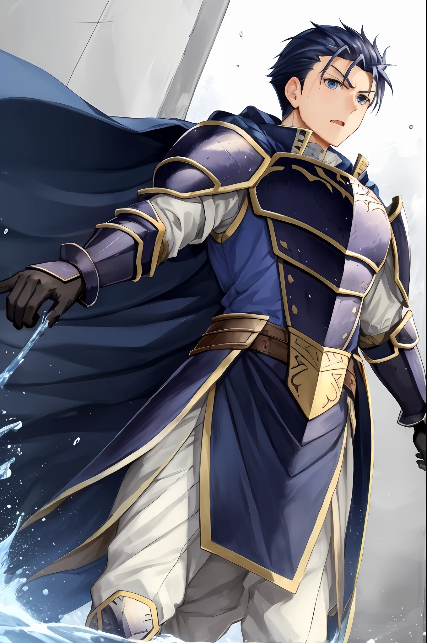 Hector Fey, solo, looking at the viewer, wrath,serious,abhor, Open your mouth,dribble,perspire,Drenched,Get wet,glove, 1boy, Male focus, Cloak, Armour, Shoulder armor, view from below