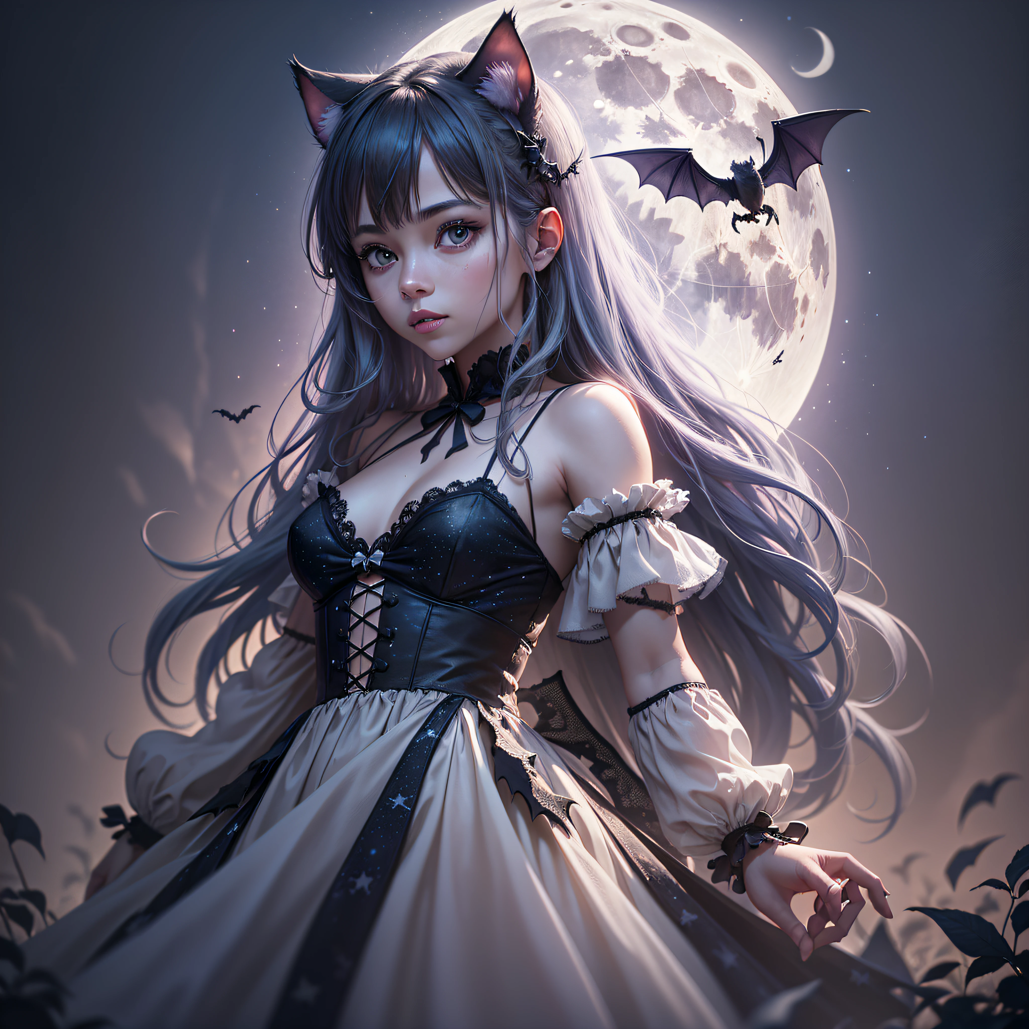 "Full Moon Magic": A captivating image of a full moon shining brightly in a starry sky, with silhouettes of spooky creatures, such as bats, owls, and cats, creating an atmospheric design for a Halloween-inspired t-shirt, Ultra realism, color field printing, high detail, UHD, 8k, anatomically correct, cinematic lighting 4d quality --auto --s2
