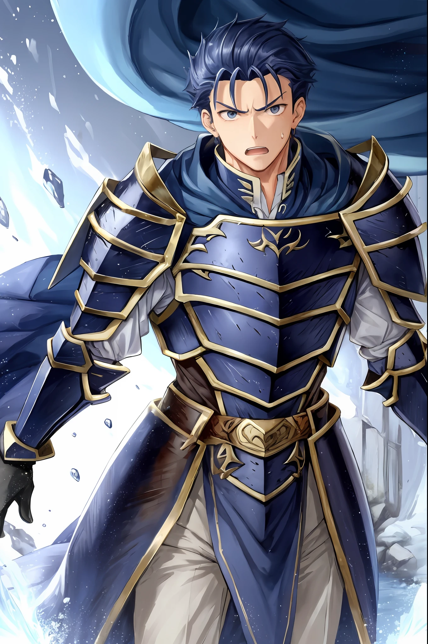 Hector Fey, solo, looking at the viewer, wrath,serious,abhor, Open your mouth,dribble,perspire,Drenched,Get wet,glove, 1boy, Male focus, Cloak, Armour, Shoulder armor, view from below