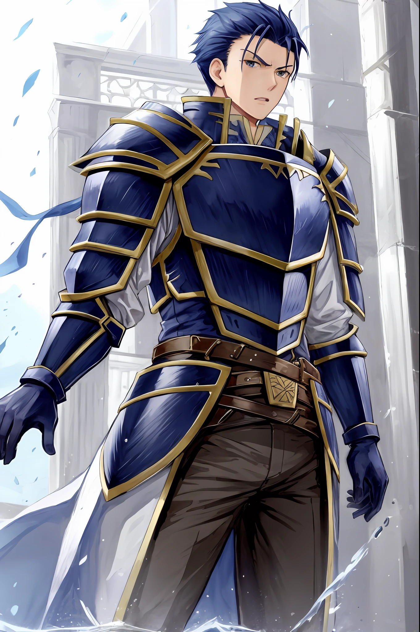 Hector Fey， solo， looking at the viewer， wrath，serious，abhor， Open your mouth，dribble，perspire，Drenched，Get wet，glove， 1boy， Male focus， Cloak， Armour， Shoulder armor， view from below