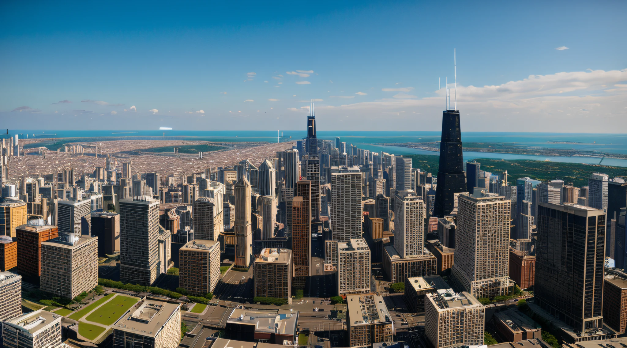 araffature view of a city with a lot of tall buildings, super wide view of a cityscape, ultra wide-shot, ultra wide-shot, ultra wide-shot, Ultra Wide Shot, Chicago, Wide and open city", superwide shot, panoramic, detailed wide shot, postprocessed, chicago skyline, panoramic, city panorama, low ultrawide shot, high detailed photo