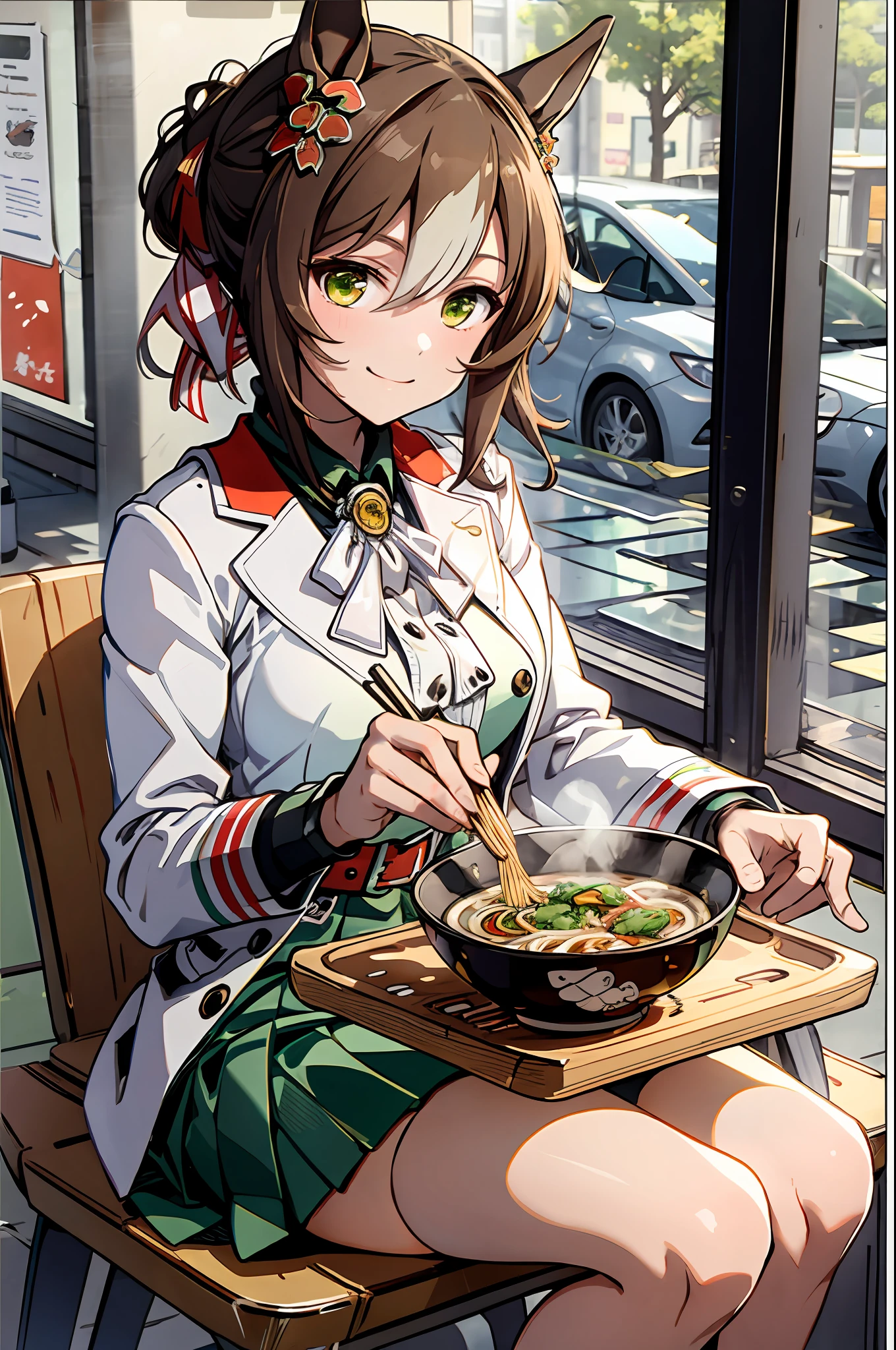 masterpiece, best quality, fine motion \(umamusume\), green skirt, belt, casual, white shirt, smile, (sitting:1.1), holding chopsticks and ramen bowl, ramen,(eating ramen noodles:1.0), bowl, table