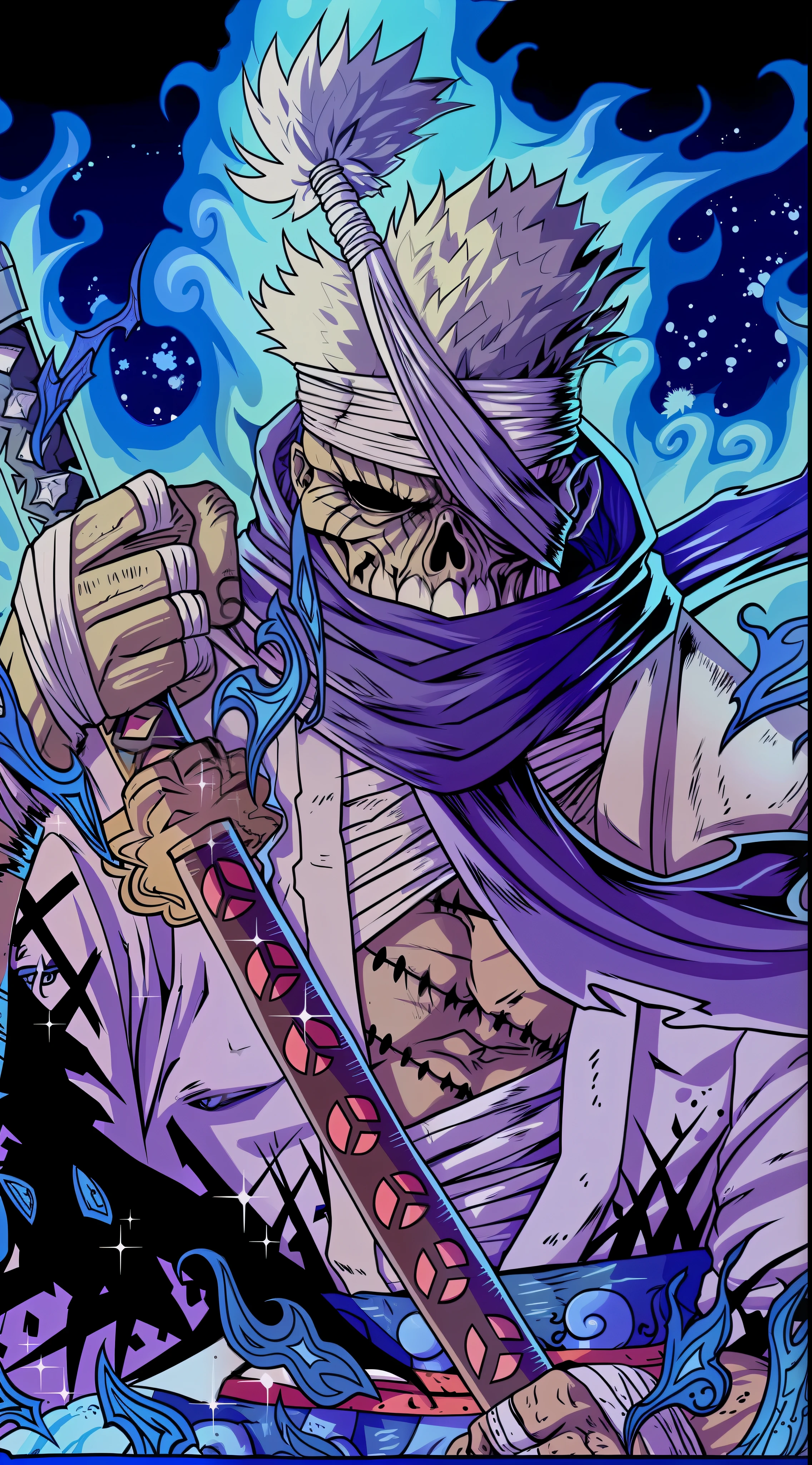 a cartoon image of a man with a sword and a purple scarf, an undead desert lich pharaoh, samurai correntes tinta mortos-vivos, O reprodutor sombrio, Deus masculino bonito da morte, Rei do esqueleto dos mortos-vivos, guerreiro esqueleto, Rei Esqueleto, arte detalhada assustadora em cores, Mago morto-vivo, undead lich, Rei do Ceifador do Tempo, Ultra detailed color digital illustration