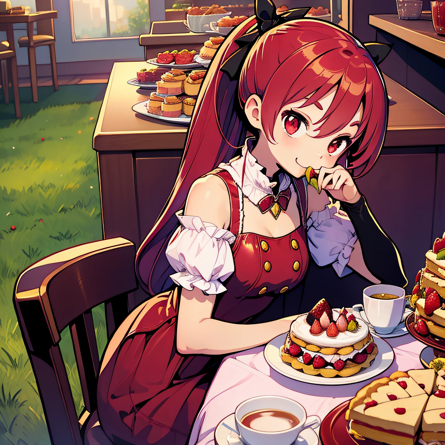 Eat strawberry shortcake、Eating sweets、Red-haired、((ponie tail))、Red eyes、Top image quality、best qualiy、ultra-highresolution、The Masterpiece、only girl、Sorrisos、tea shop、Seated