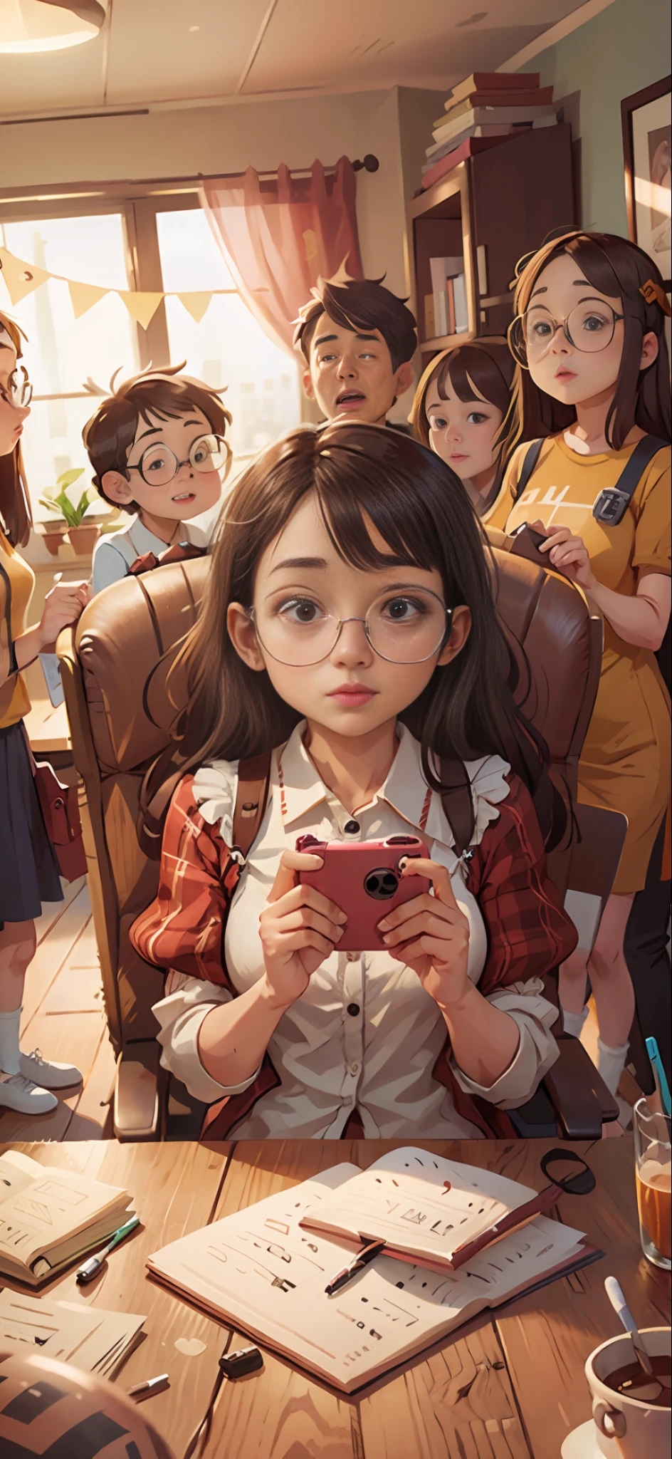 there is a woman sitting in a chair with a group of people, 8k selfie photograph, with glasses,