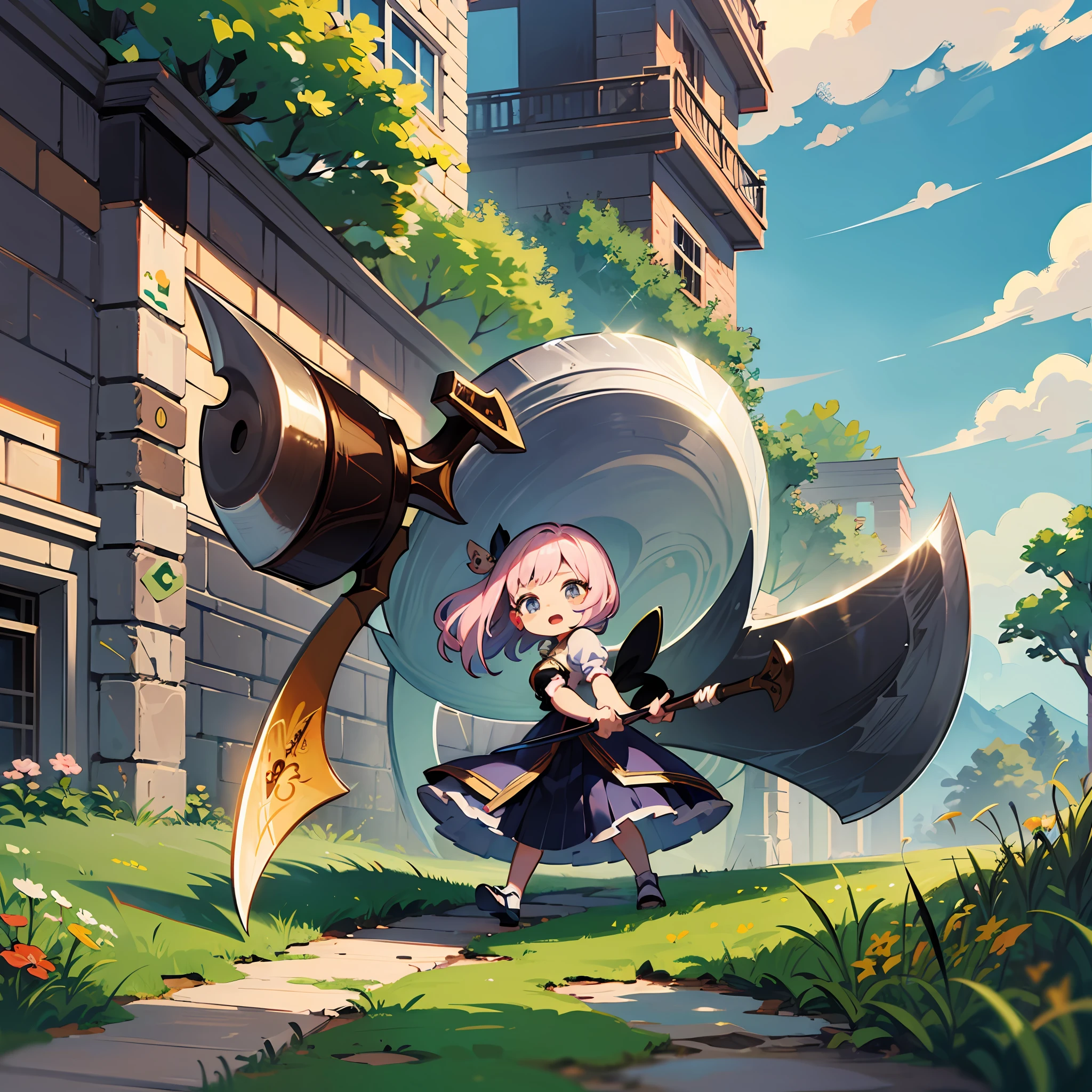 ((sticker:1.5)))、((Chibi Chara))、(Super giant axe)、Fluffy、The girls、Giant axe carrying、Huge axe、battle field、Strongest、Chibi Chara、fully body、pastel-colored hair、Fairy tale、Fantastical、masterpiece、best qualiy、high picture quality