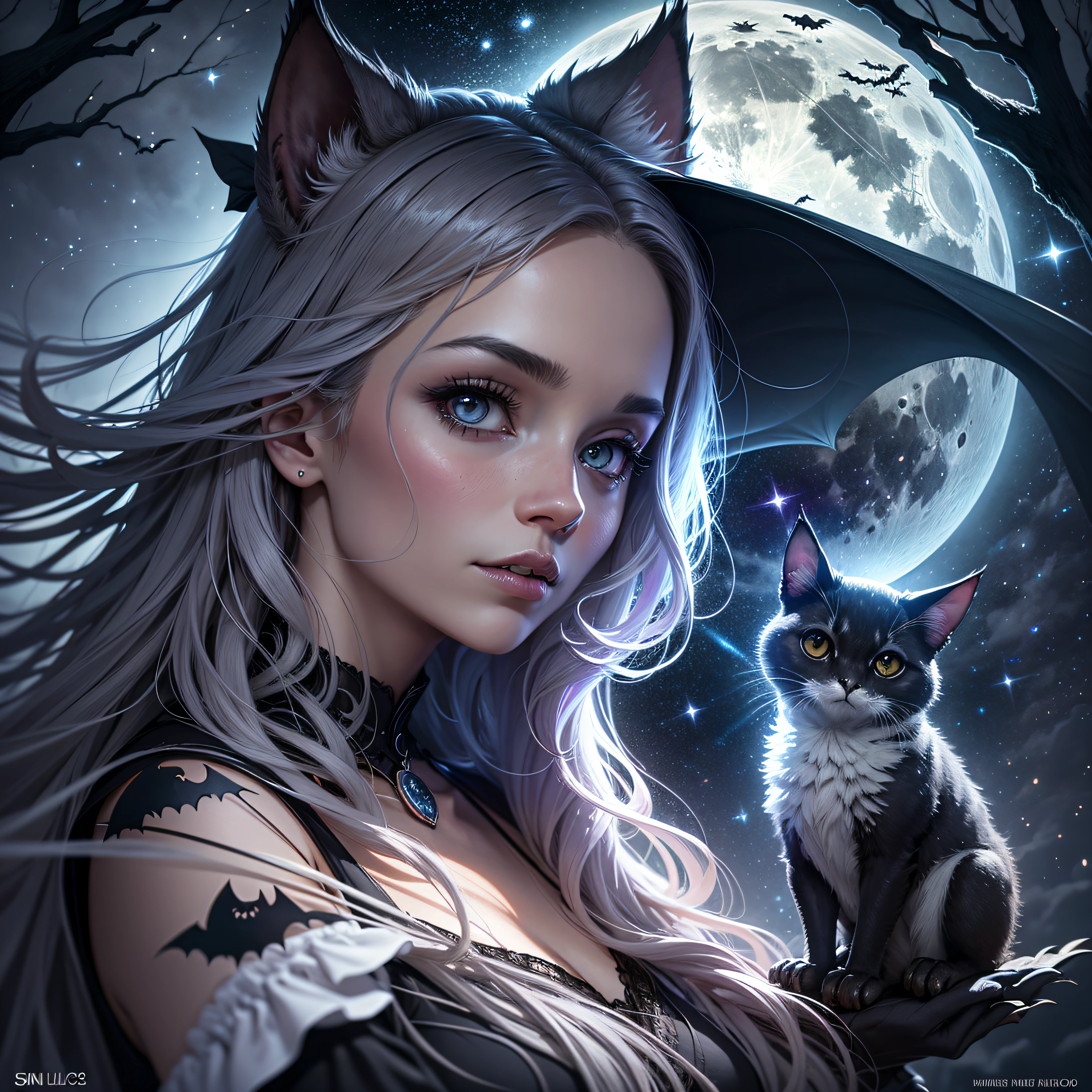 "Full Moon Magic": A captivating image of a full moon shining brightly in a starry sky, with silhouettes of spooky creatures, such as bats, owls, and cats, creating an atmospheric design for a Halloween-inspired t-shirt, Ultra realism, color field printing, high detail, UHD, 8k, anatomically correct, cinematic lighting 4d quality --auto --s2