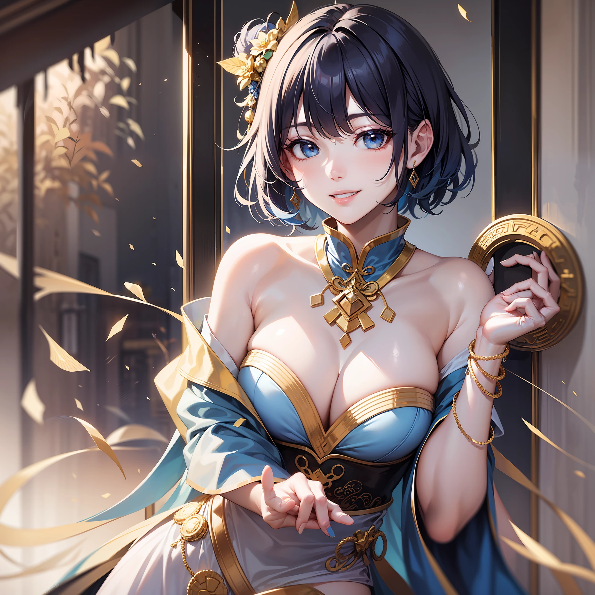 Adult woman, dark short unruly blue hair, pale blue eyes, rich Chinese white open clothes with gold details, playful smile