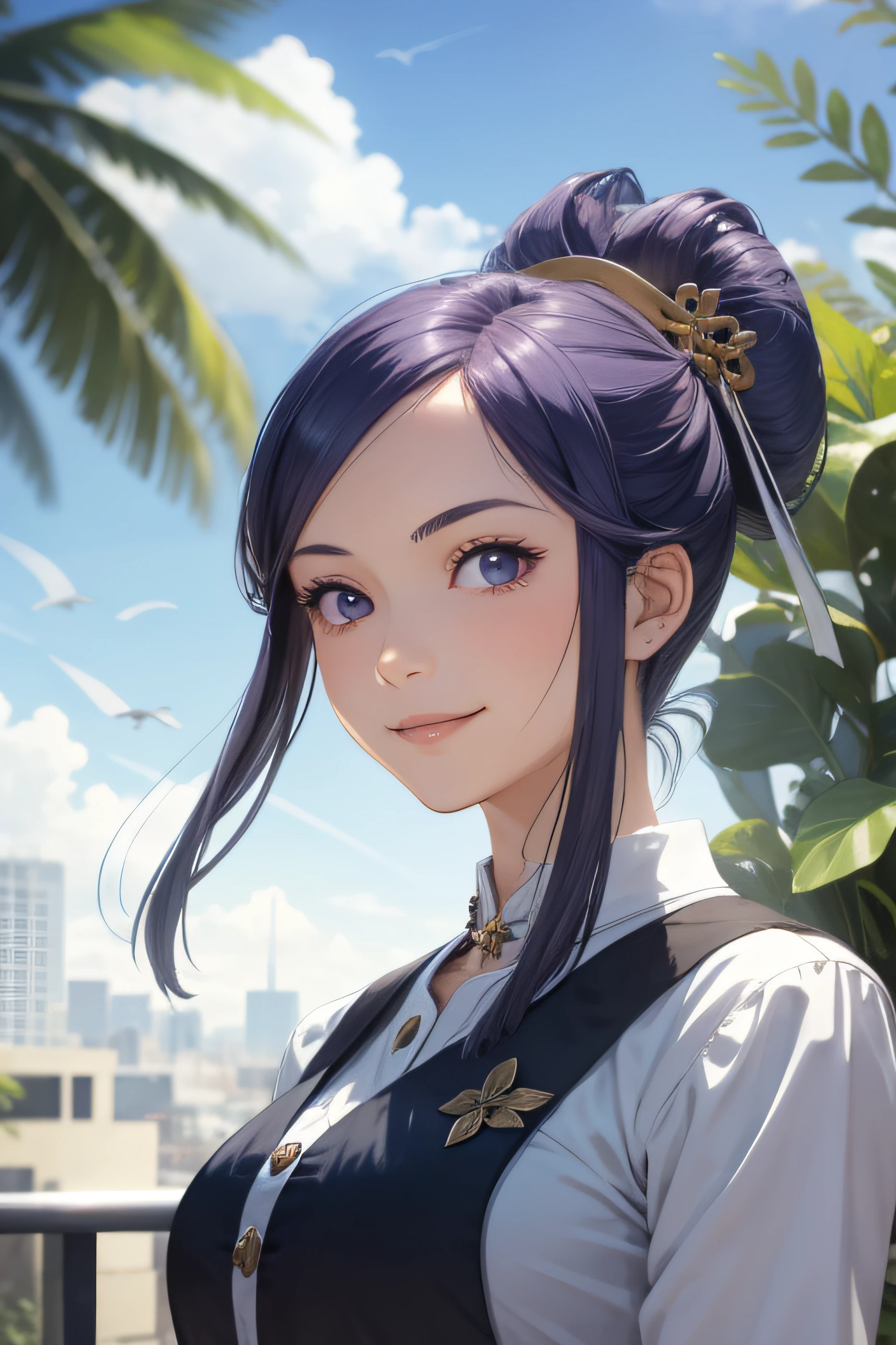 1girl, Arquitectura, solamente_hombros, senos, edificio, vaquero_tiro, cosecha_Arriba, day, aislado_Mangas, Este_Asian_Arquitectura, cabello_ornamento, cadera_viento, largo_cabello, Mirando_en_espectador, Medio_senos, diafragma, ombligo, morado_ojos, barandilla, Cielo, smile, solamente, En pie