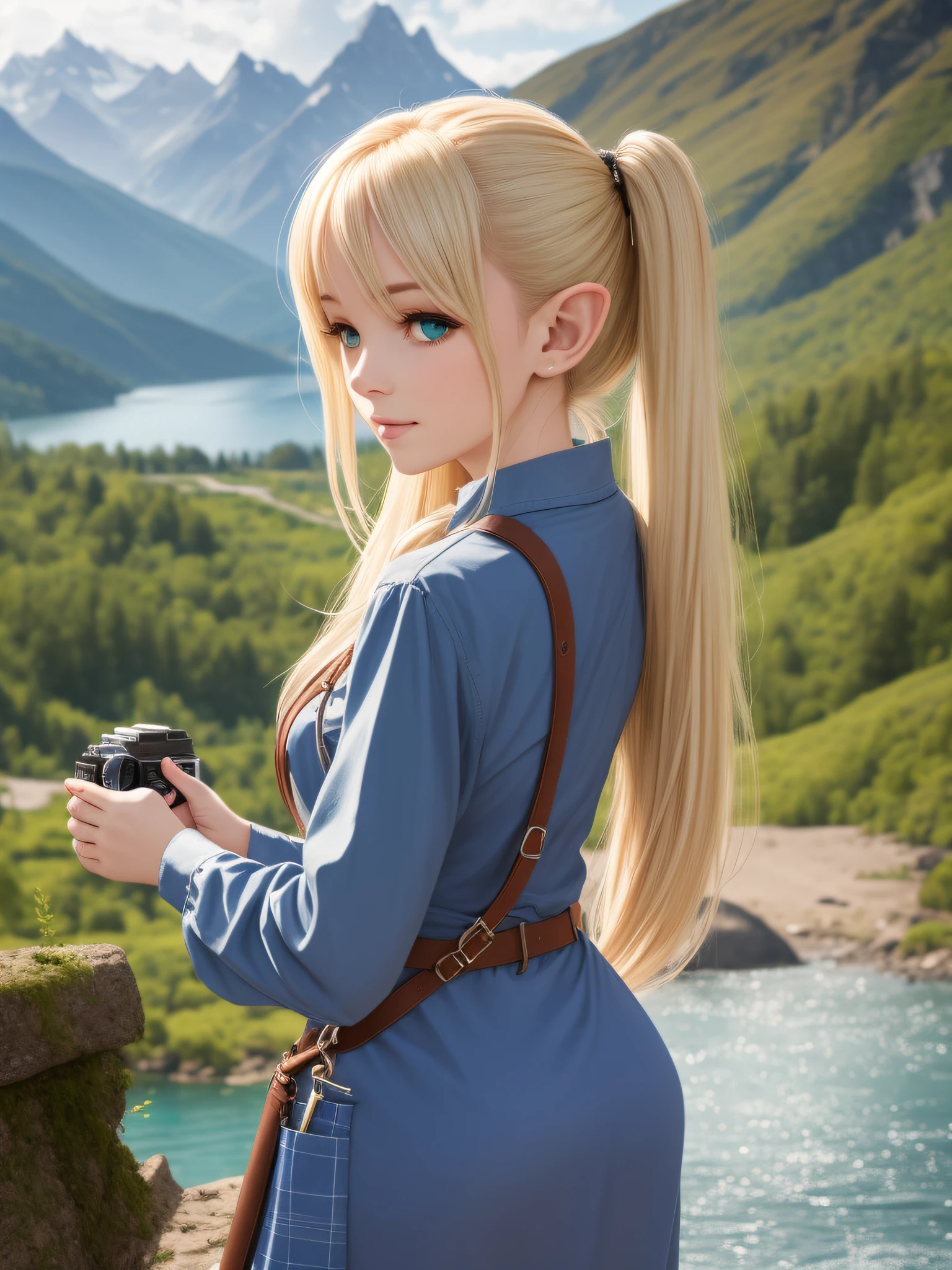 elvish, enmaided, solo, full entire body, Rear view, platinum-blonde,twintails, Blue eyes, Green Apron Dress, Leather Pouch, Holding the rangefinder camera, Shooting scenery with majestic mountains and lakes