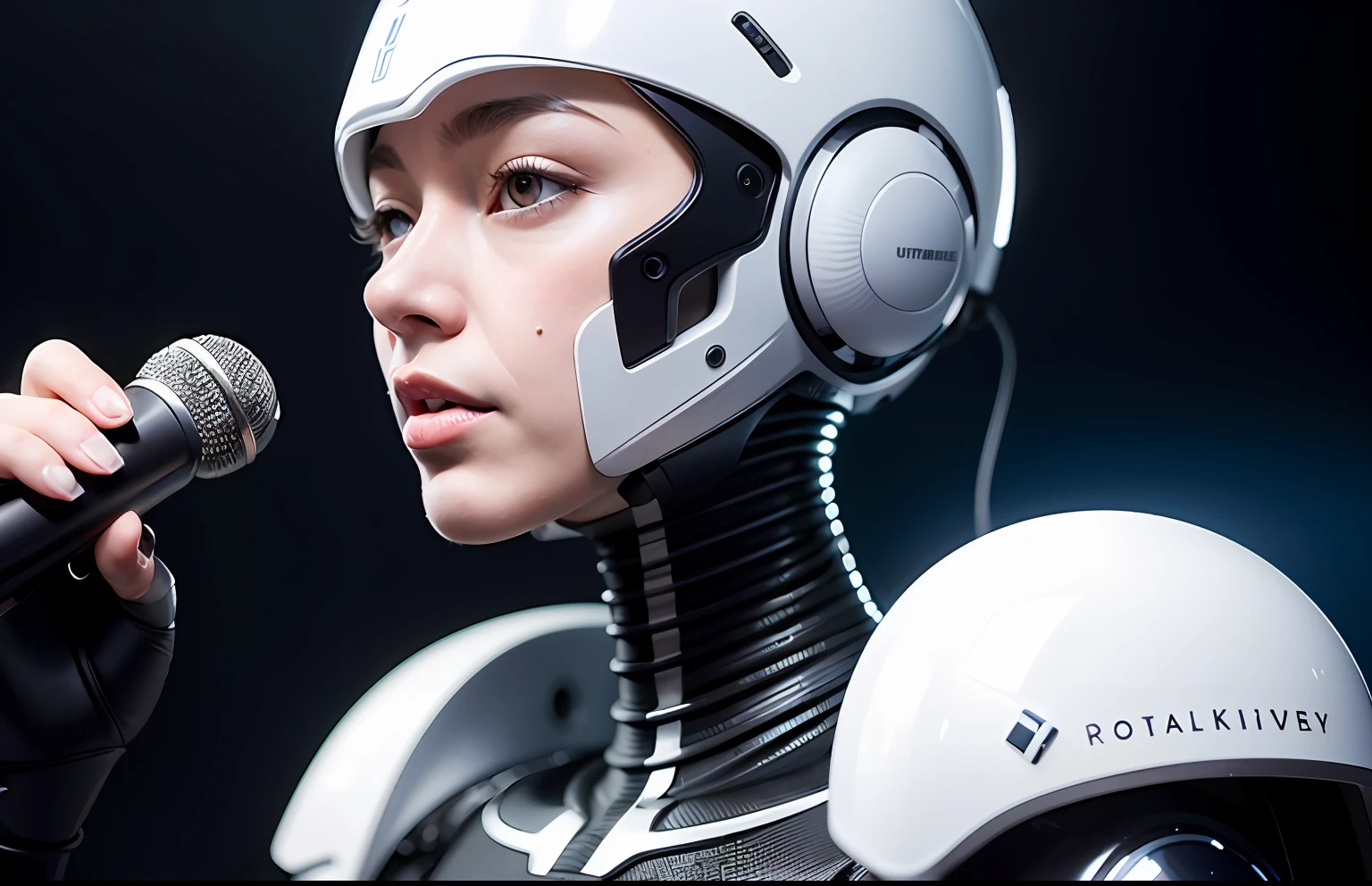 sophisticated 3D render ultra-detailed beautiful porcelain android woman face profile, Cyborg, Microphone like a DJ,  robotic parts, 150 mm, Beautiful studio soft light, Edge light, Striking details, Luxury cyberpunk, lace, hyperrealistic, anatomical, facial muscles, cable, electrical wires, microchip, elegant, beautiful background, Octane imaging, стиль HR Giger, 8K, the best qualityt, The Masterpiece, llustration, Extremely thin and beautiful, Extremely detailed, CG, unity, wallpaper, (realisti, photo-realistic: 1,37), startling, Finely detailed, The Masterpiece, the best qualityt, offical art, extremely detailed wallpapers Computer graphics Unity 8K, Absurd, incredibly absurd, robot, Silver helmet, The whole body, sedentary