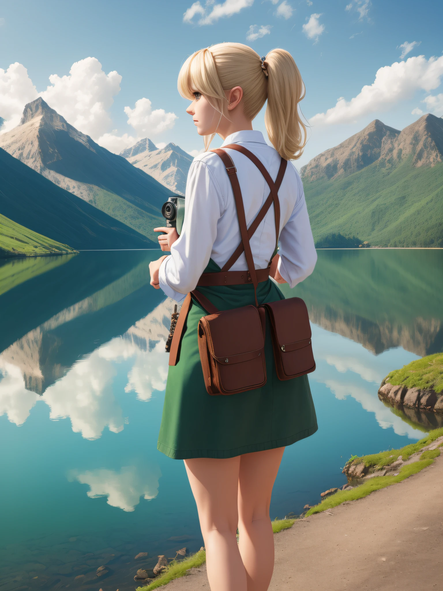 elvish, enmaided, solo, full entire body, Rear view, platinum-blonde,twintails, Blue eyes, Green Apron Dress, Leather Pouch, Holding the rangefinder camera, Shooting scenery with majestic mountains and lakes