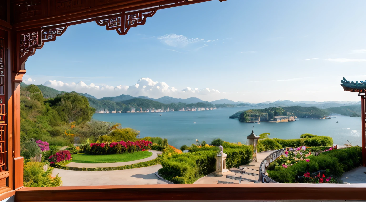 mdjrny-pprct, Chinese architecture, gardens, landscapes, sea of clouds, (high detail: 1.2) --auto