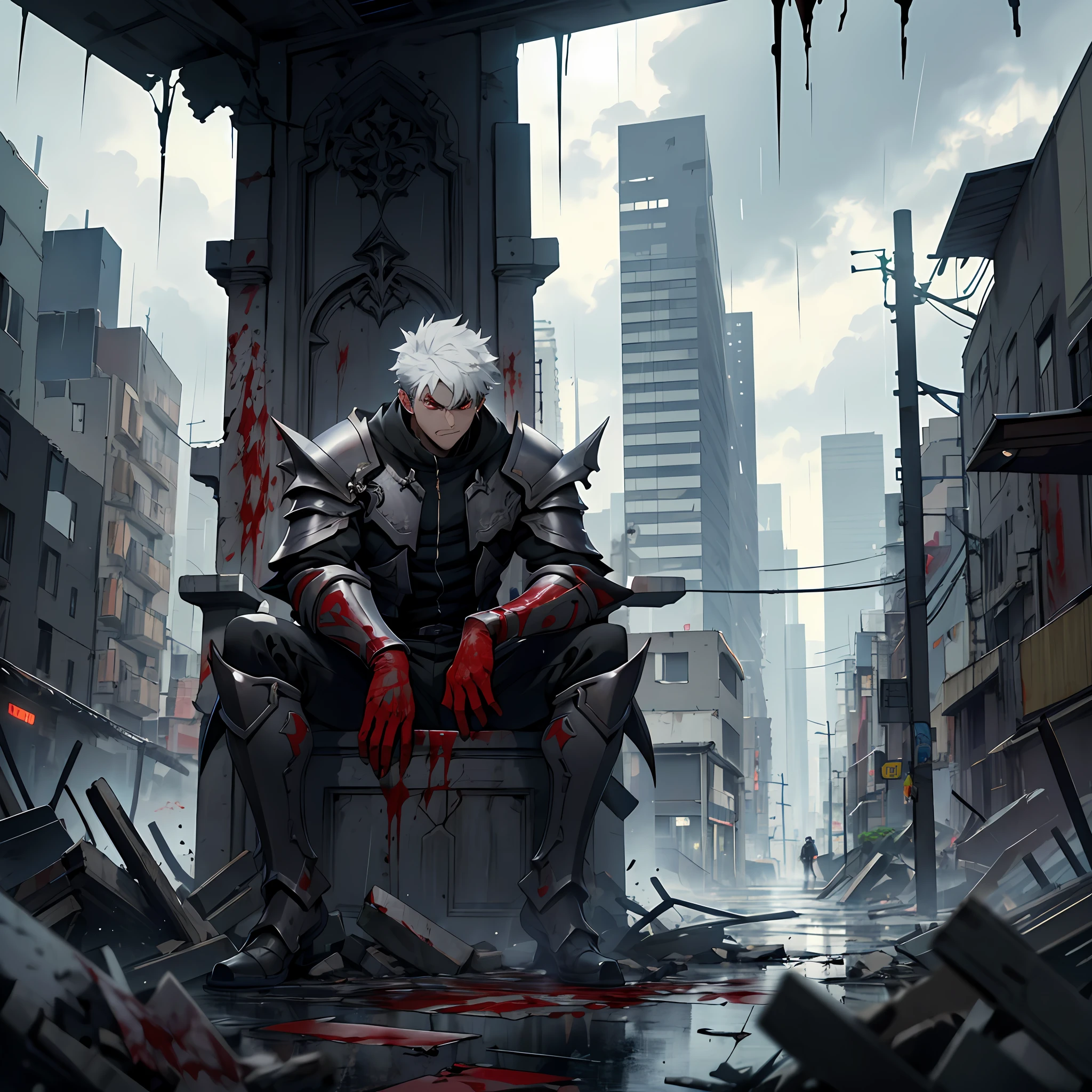 Best quality: 1.0), (Super High Resolution: 1.0), Anime boy, short black hair, red eyes, sitting at the broken throne, destroyed city at background, rainy day, surrounded by cloud, body cover with blood, broken armor, angry face,