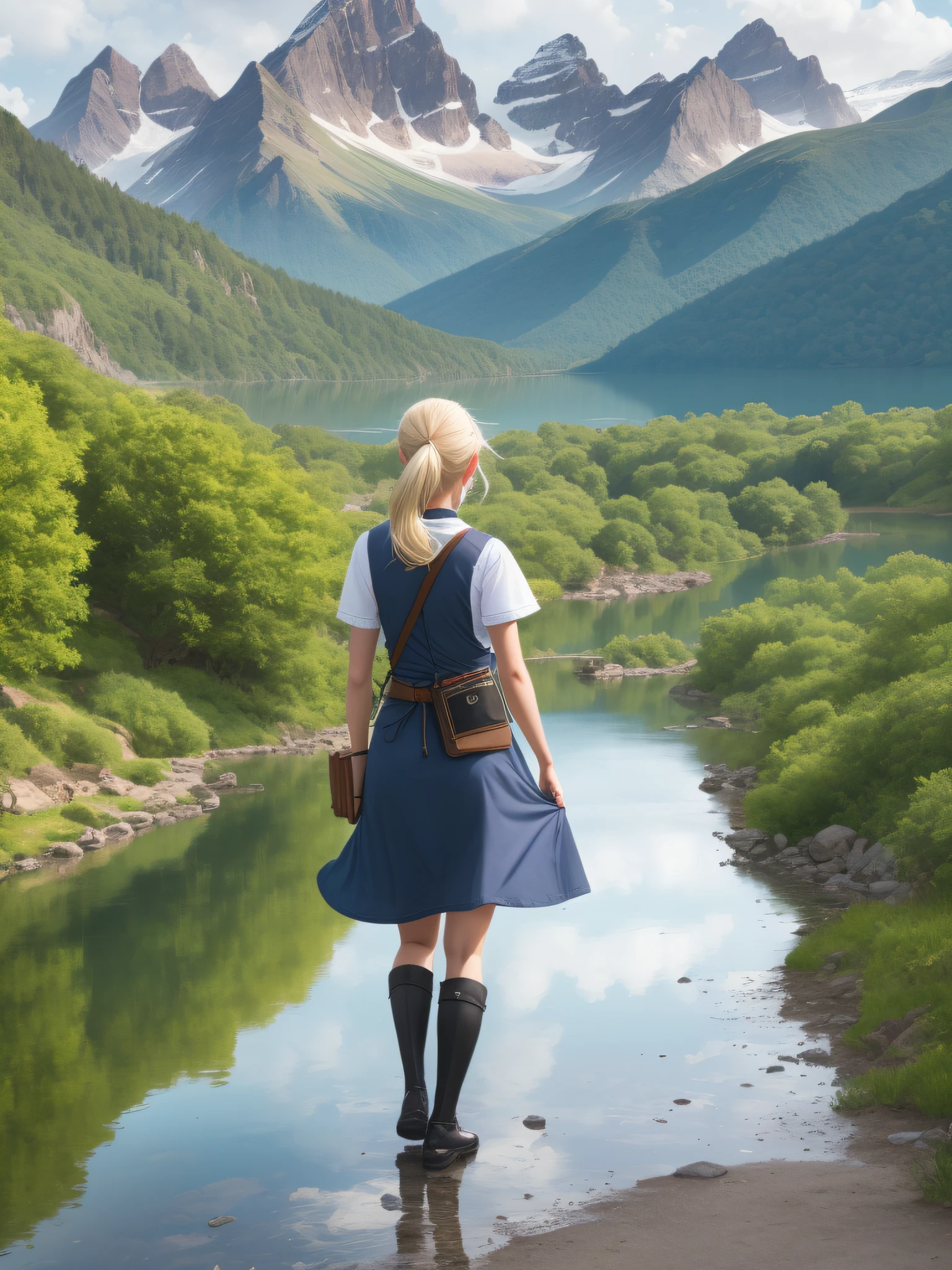 elvish, enmaided, solo, full entire body, Rear view, platinum-blonde,twintails, Blue eyes, Green Apron Dress, Leather Pouch, Holding the rangefinder camera, Shooting scenery with majestic mountains and lakes