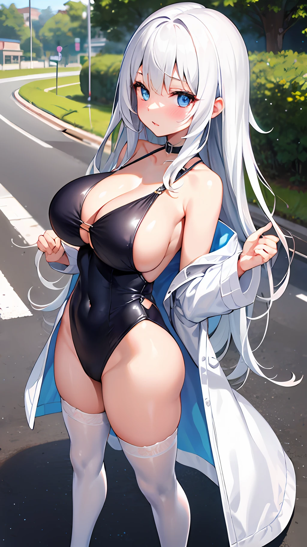 1girly,white stocking, (White one-piece gel coat),(big boob),(Cleavage), Long silver-white hair, Blue eyes,Stand on the side of the road,Towards the viewer,be shy,Cutes
