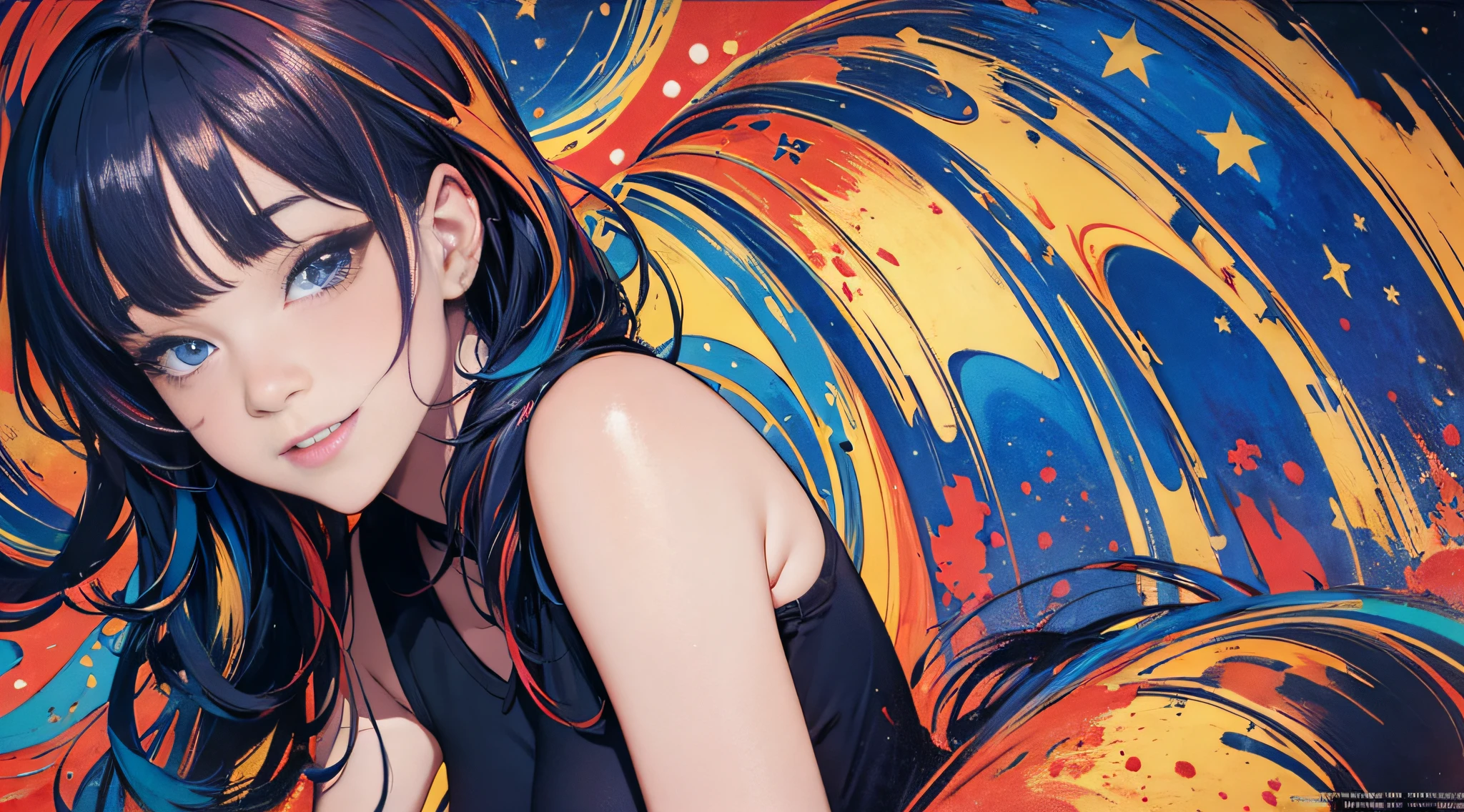 Masterpiece, best quality,young beautiful girl, ultra detailed, official art,unity 8k wallpaper, red and blue,
seductive smile,

fauvism,(bold color palette):1.2,
expressive brushwork, vivid hues,

strong contrasts, emotional impact,