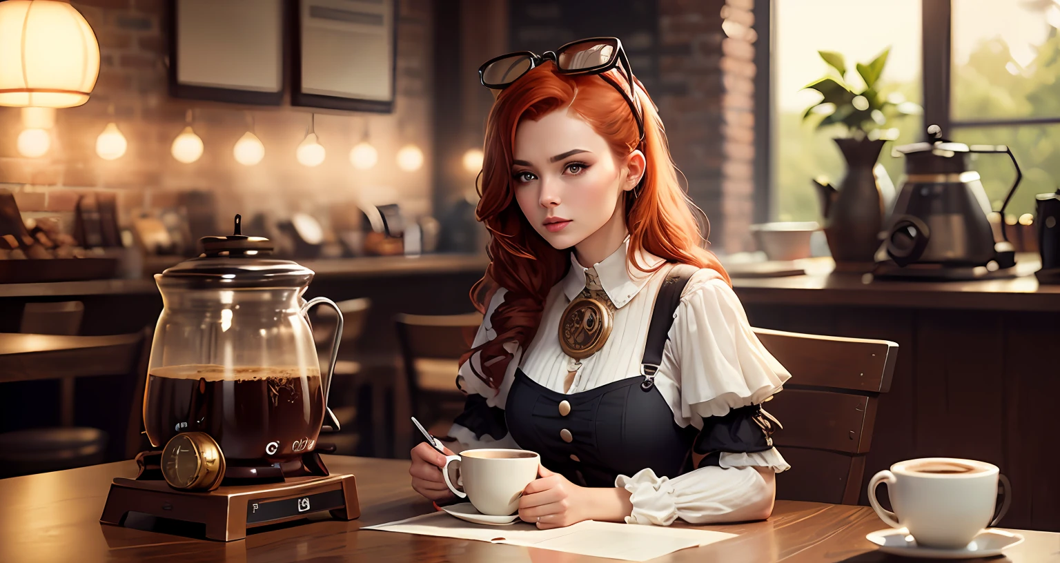 Coffee House,  coffee beans, cappuccino, leite, flor, morning, Mesa,  altamente descaracterizado, Steampunk, oktane render, studio lighting, redhead girl with coffee, coffee beans, Coffee House, cafeteira --auto