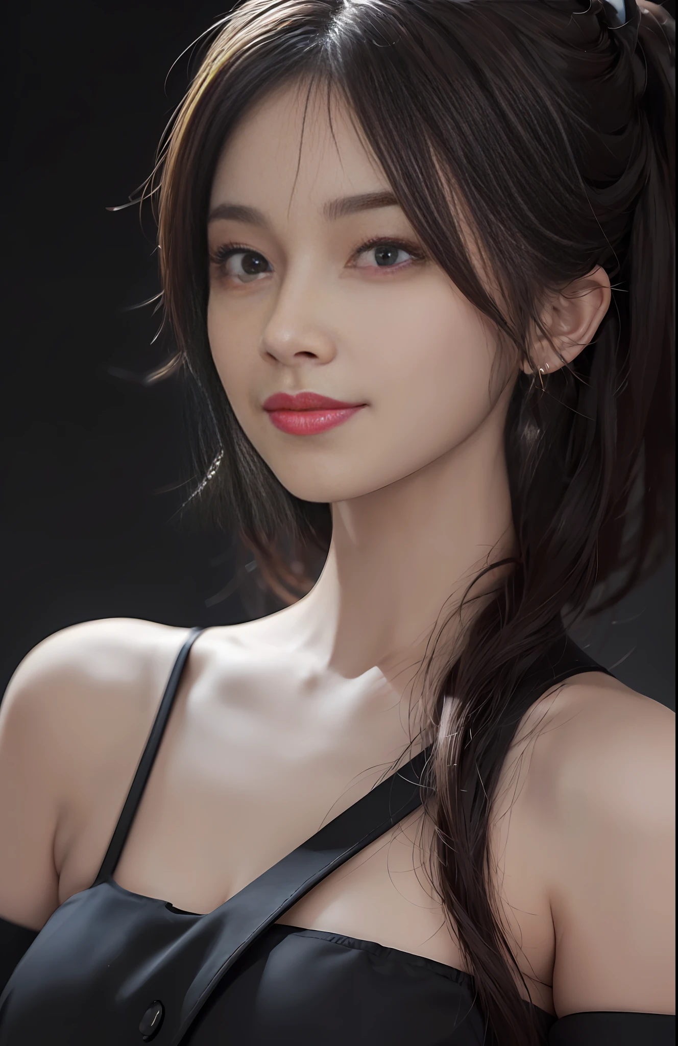 Masterpiece, 1 Beautiful Girl, Detailed, Swollen Eyes, Best Quality, Ultra High Resolution, (Reality: 1.4), Original Photo, 1Girl, Cinematic Lighting, Smiling, Japanese, Asian Beauty, Korean, Neat, Very Beautiful, Slightly Young Face, Beautiful Skin, Slender, Cyberpunk Background, (ultra realistic), (illustration), (high resolution), (8K), (very detailed), (best illustration), (beautifully detailed eyes), (super detailed), (wallpaper), (detailed face), viewer looking, fine details, detailed face, deep shadow, low key, pureerosfaceace_v1, smile, 46 point slanted bangs, facing straight ahead, neat clothes, black colored eyes,