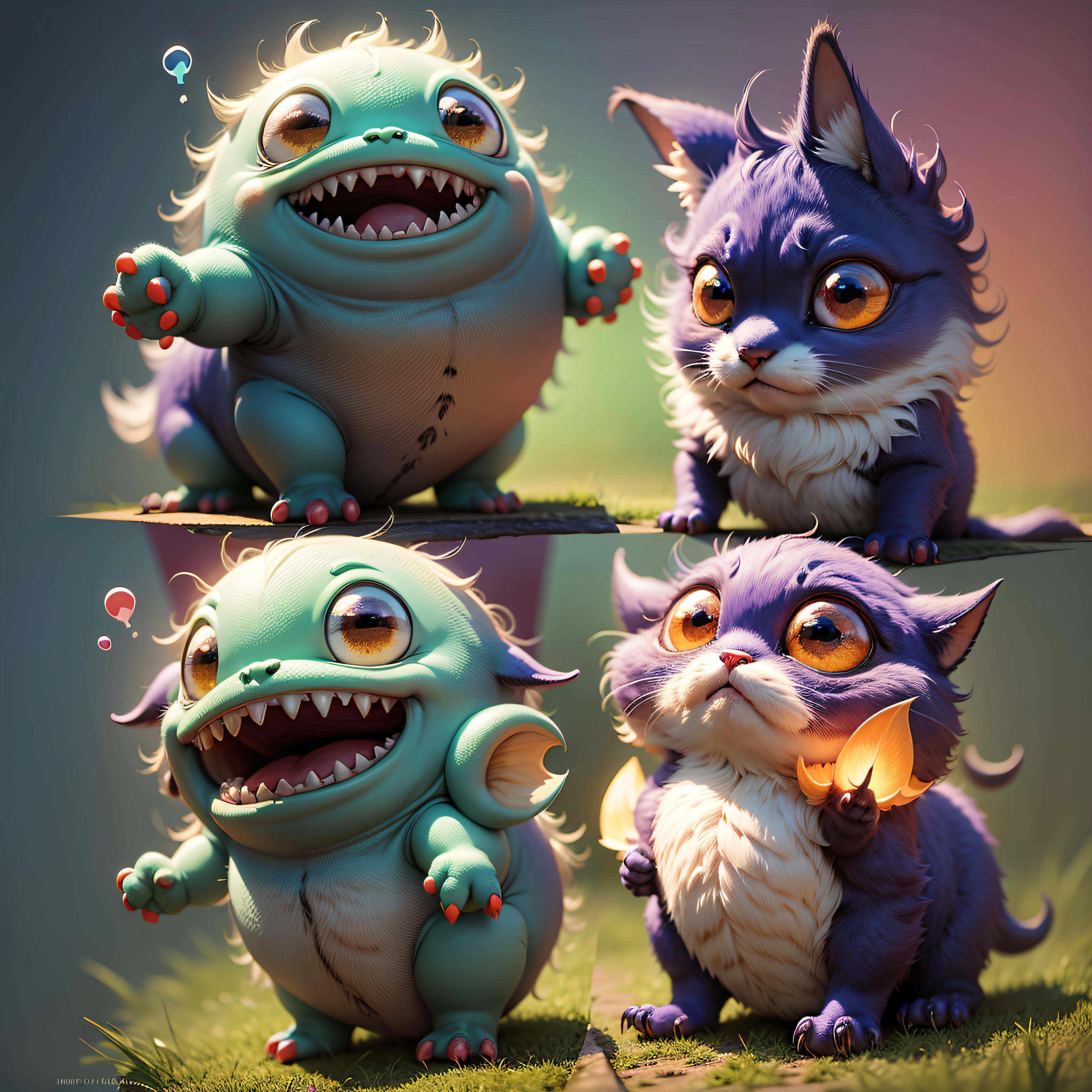 "Cute Monsters": A cute and whimsical illustration featuring friendly monsters in vibrant colors, with silly expressions and playful interactions, ideal for a light-hearted and kid-friendly Halloween, Ultra realism, color field printing, high detail, UHD, 8k, anatomically correct, cinematic lighting 4d quality --auto --s2
