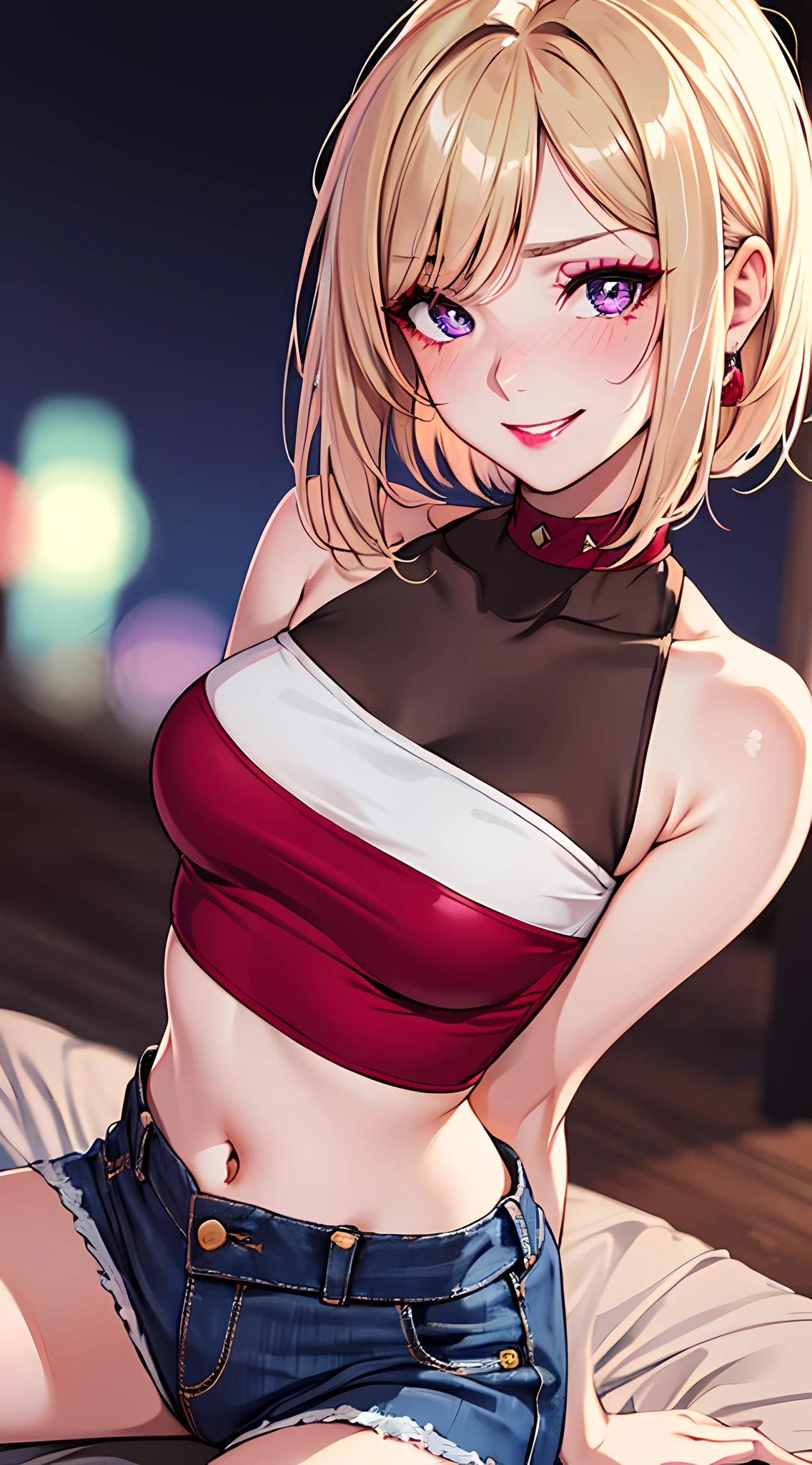 gyaru, masterpiece, best quality, (straddling:1.5), raw photo, absurdres, delicate girl, beautiful face, close up, 8k, DSLR,  (dark red eyeshadow, redish pink lips:1.2), smile, (evil smile, embarrassed:1.4), blush, lonely, (strapless tank top, low-rise:1.2), denim hotpants, choker, (thin arms, thin waist:1.4), short torso, navel, platinum blonde short hair, thick makeup, youthful, midnight, bokeh, high detailed skin, sharp focus, highres, ultra detailed, finely detail, extremely detailed, detailed eyes and face, sharp pupils, realistic pupils, (simple background:0.6), bluish violet eyes
