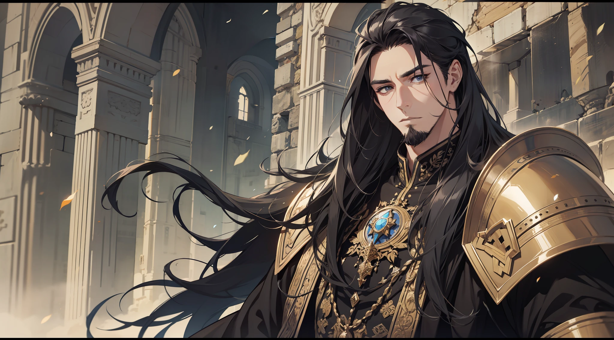 (absurdities,high - resolution),16k,,large tall,1 man,elderly,Long beard,black color hair,Armor,Intricate attire,ancient dress,zhangzui,Medieval Western-style town,