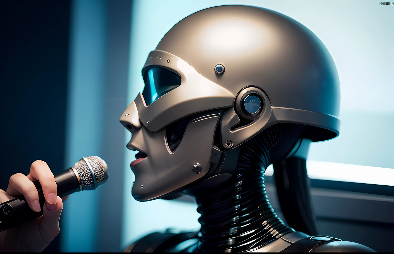 sophisticated 3D render ultra-detailed beautiful porcelain android woman face profile, Cyborg, Microphone like a DJ,  robotic parts, 150 mm, Beautiful studio soft light, Edge light, Striking details, Luxury cyberpunk, lace, hyperrealistic, anatomical, facial muscles, cable, electrical wires, microchip, elegant, beautiful background, Octane imaging, стиль HR Giger, 8K, the best qualityt, The Masterpiece, llustration, Extremely thin and beautiful, Extremely detailed, CG, unity, wallpaper, (realisti, photo-realistic: 1,37), startling, Finely detailed, The Masterpiece, the best qualityt, offical art, extremely detailed wallpapers Computer graphics Unity 8K, Absurd, incredibly absurd, robot, Silver helmet, The whole body, sedentary