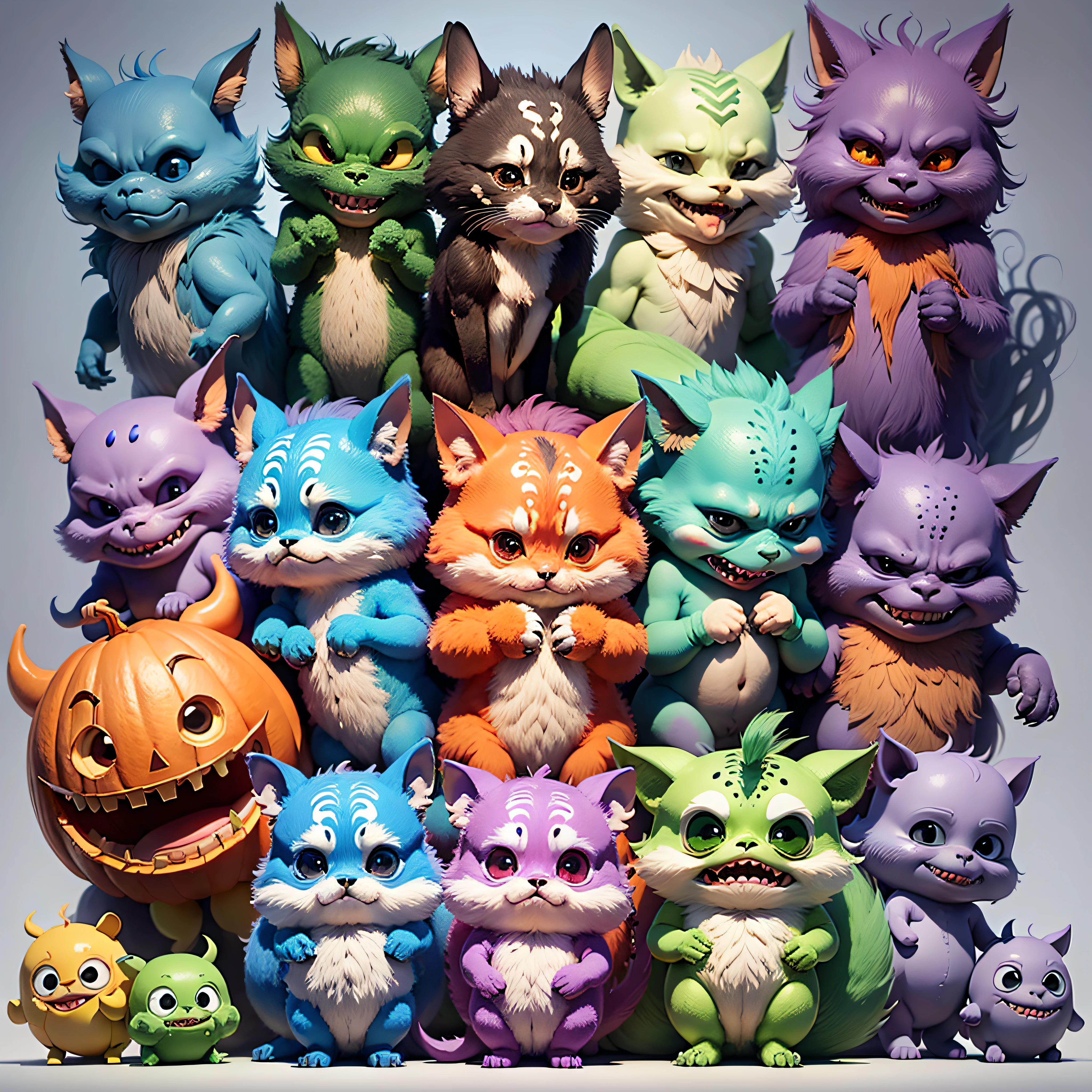 "Cute Monsters": A cute and whimsical illustration featuring friendly monsters in vibrant colors, with silly expressions and playful interactions, ideal for a light-hearted and kid-friendly Halloween, Ultra realism, color field printing, high detail, UHD, 8k, anatomically correct, cinematic lighting 4d quality --auto --s2