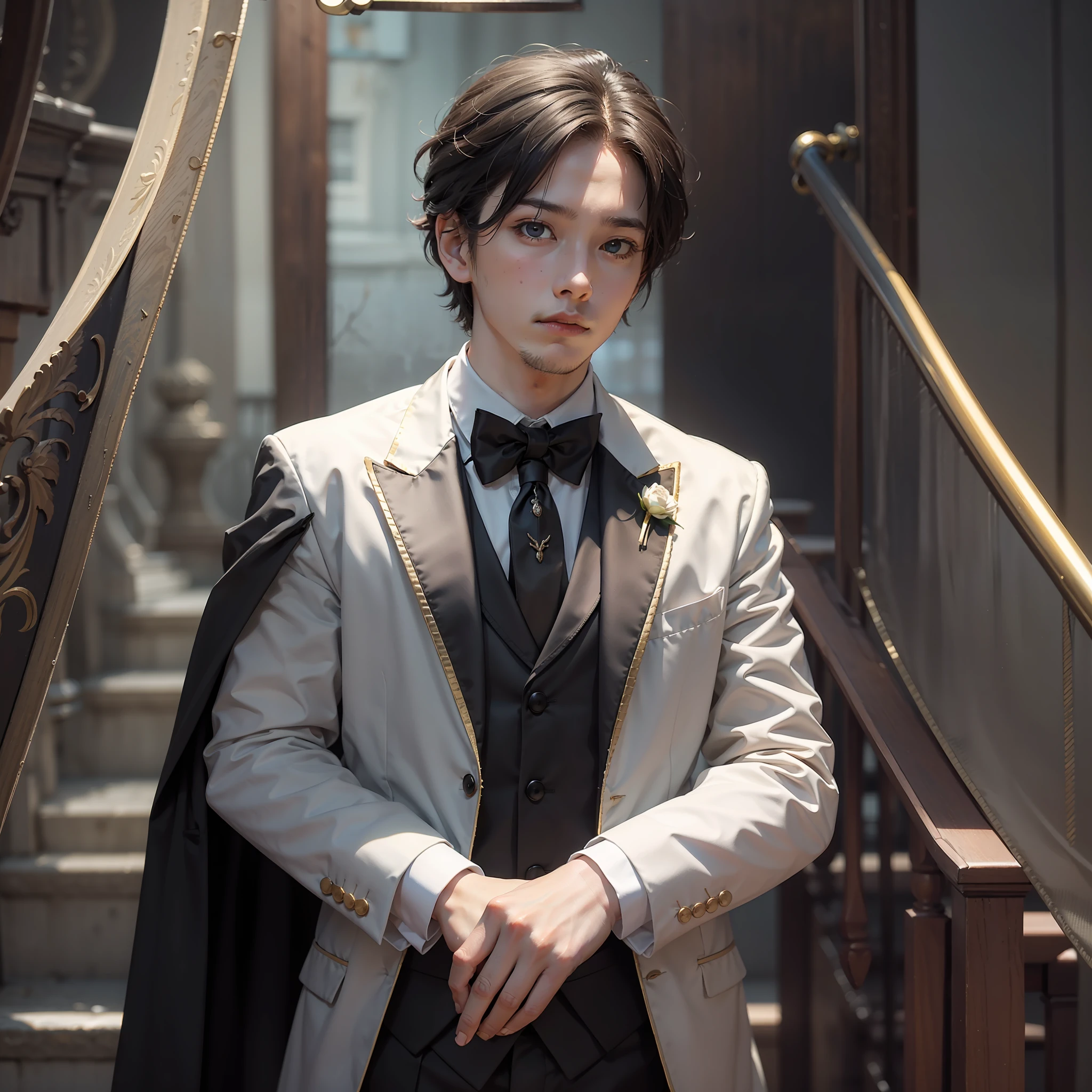 Male gentleman with little hair on the top of his head with a sad face、Gentleman in tuxedo、He is dressed like a butler and his spine is pin.、Very good posture、Quietly waiting for the return of the master on the landing of the stairs of a medieval mansion、A full body shot、Masterpiece image quality、supreme、The Masterpiece、masterece-piece、Beautiful finish、