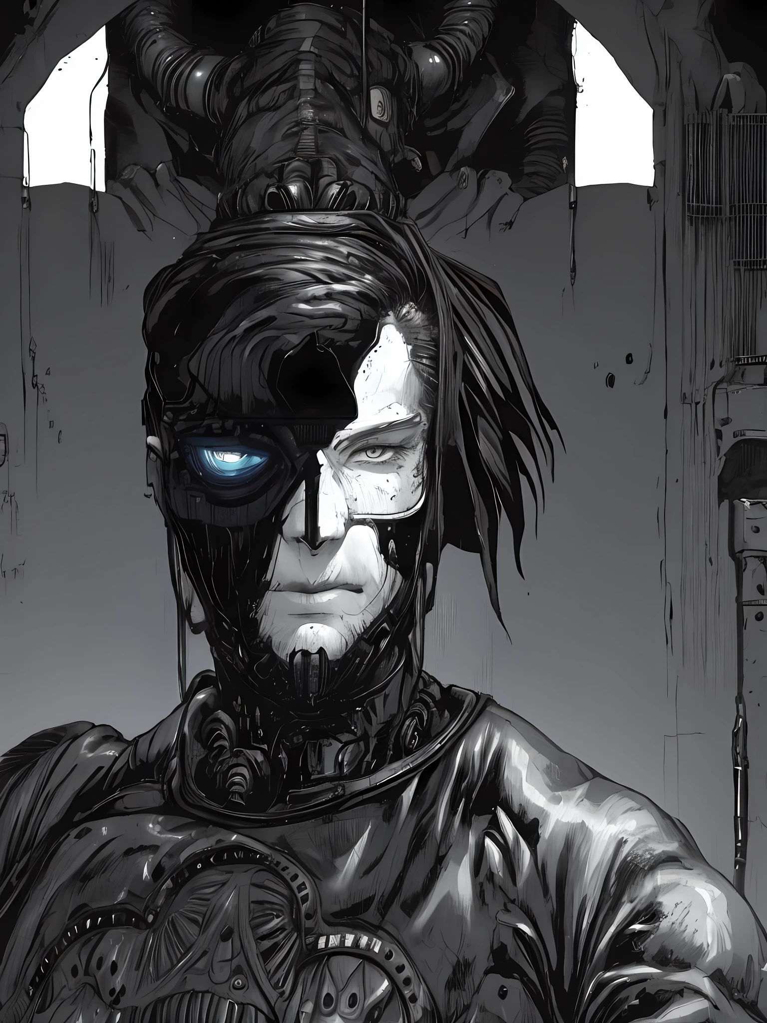 heavy black and white, monsters-creatures, cyborg girl portrait, OrganicBiomArt, ((monochrome)), smirk512, , detailed (wrinkles, blemishes!, folds!, moles, viens, pores!!, skin imperfections:1.1), highly detailed glossy eyes, (looking at the camera), specular lighting, dslr, ultra quality, sharp focus, tack sharp, dof, film grain, centered, Fujifilm XT3, crystal clear