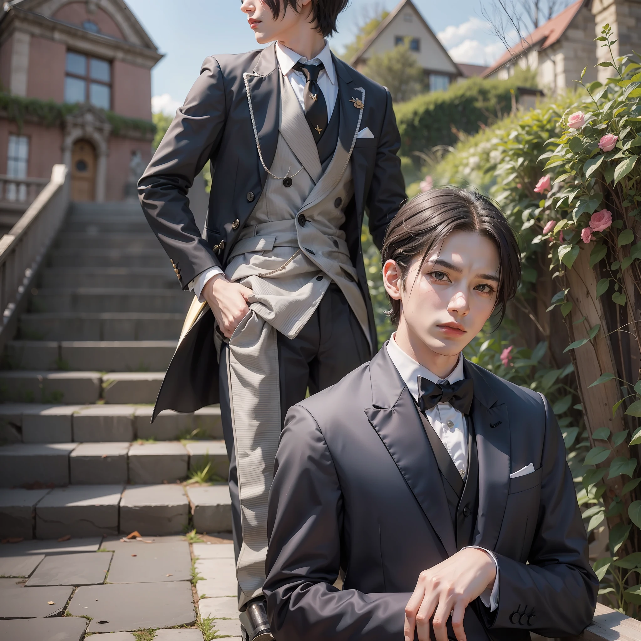 Male gentleman with little hair on the top of his head with a sad face、Gentleman in tuxedo、He is dressed like a butler and his spine is pin.、Very good posture、Quietly waiting for the return of the master on the landing of the stairs of a medieval mansion、A full body shot、Masterpiece image quality、supreme、The Masterpiece、masterece-piece、Beautiful finish、