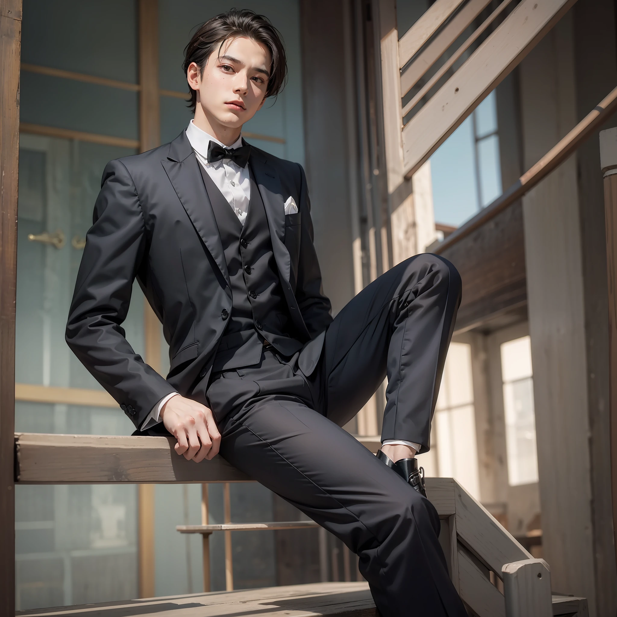 Male gentleman with little hair on the top of his head with a sad face、Gentleman in tuxedo、He is dressed like a butler and his spine is pin.、Very good posture、Quietly waiting for the return of the master on the landing of the stairs of a medieval mansion、A full body shot、Masterpiece image quality、supreme、The Masterpiece、masterece-piece、Beautiful finish、