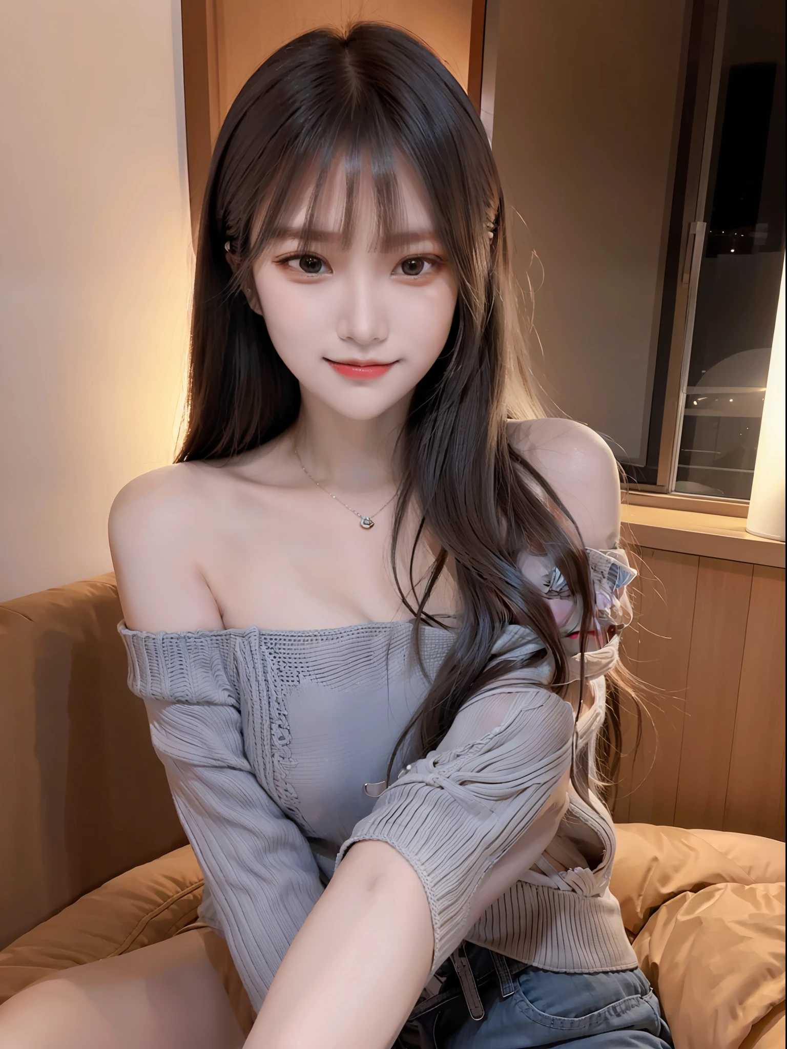 1 girl, off-the-shoulder, light smile, shiny skin
Best quality, masterpiece, (photorealistic: 1.4), knitted watermark, big, dark, night, orange pale lighting, shadows, shades, weak light