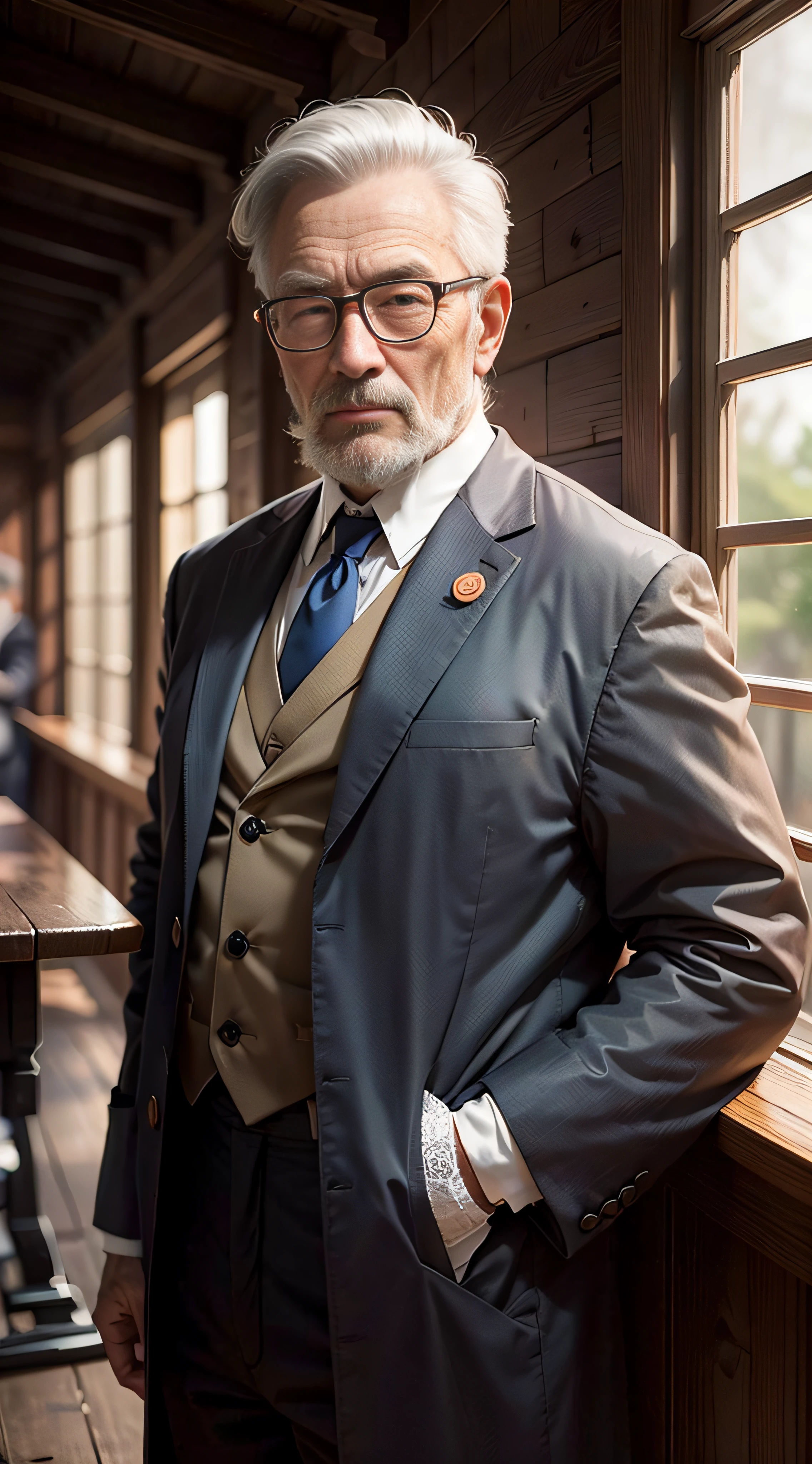 An old gentleman from ancient China，He is a teacher，Gray hair，There is a beard，Glasses are full of wisdom，Cloth is dressed，Front shot of the upper body of the coat，Behind him is a blurred wood，The light is soft，At dusk --auto