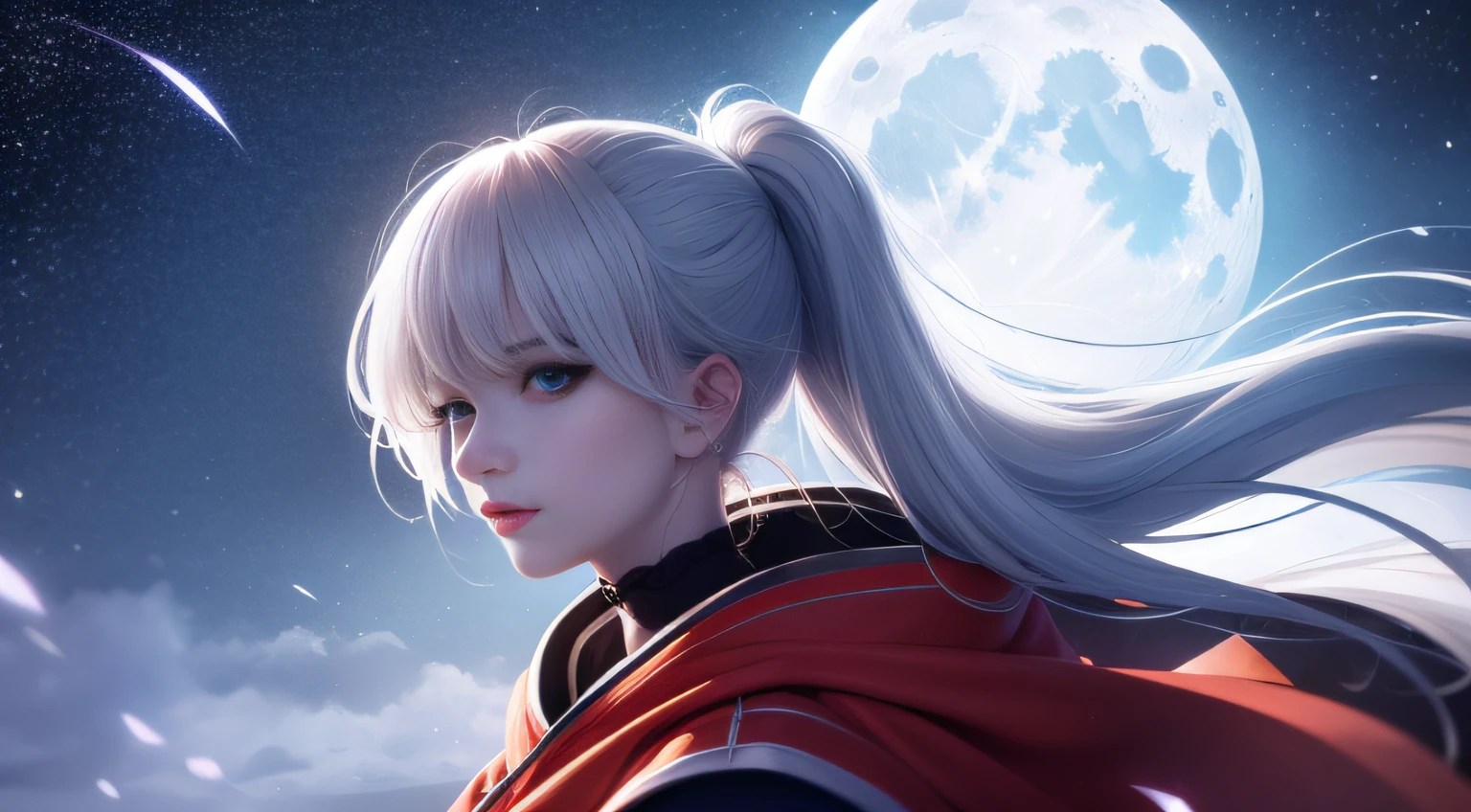 Masterpiece, (Best Quality: 1.2), (Super Fine: 1.2), Illustration, (Extremely Delicate and Beautiful: 1.2), Film Angle, Floating, (Beautiful Detail Eye: 1.1), (Detail Light: 1.1), Film Lights, Delicate Sky, Woman, White Hair, Blue Eyes, (High Ponytail: 1.1), Cloak, Glowing Eyes, (Moon: 1.2), (Moonlight: 1.1), Starry Sky, (Light Particles: 1.1), Fog , snow painting, sketching, blooming