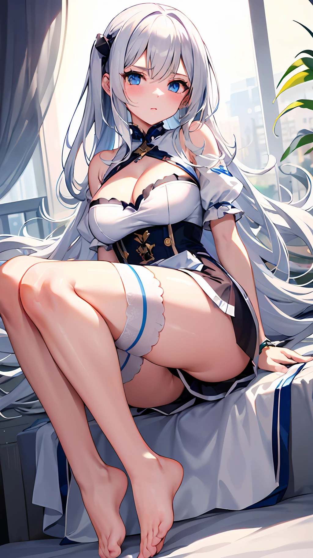 1girly,White tight short sleeves,Bare shoulders,White miniskirt,(white stocking),barefeet,(Cleavage),Tear tattered clothes,Tattered clothes, Long silver-white hair, Blue eyes