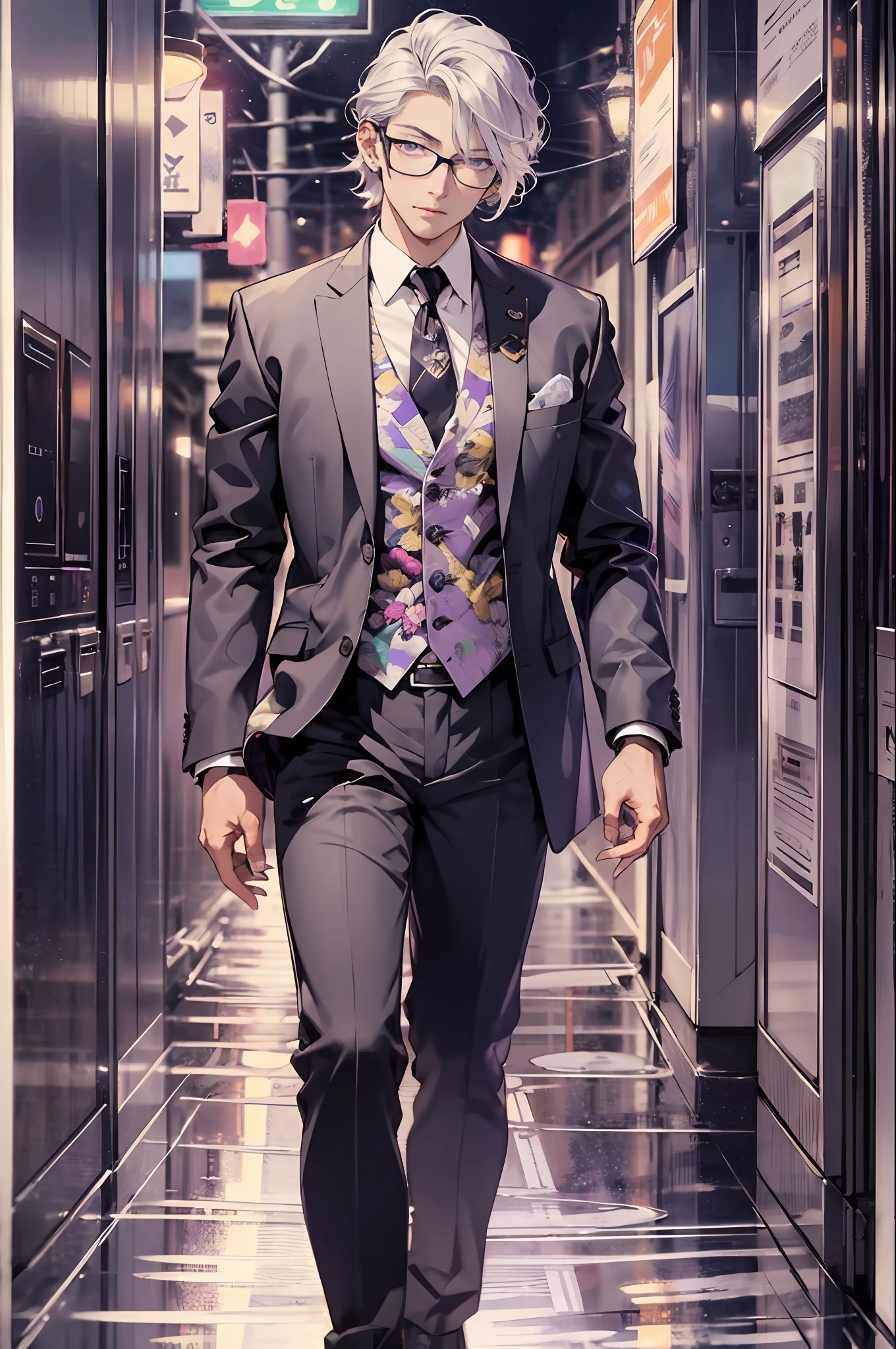 Lifelike，（The Masterpiece，Top quality，best qulity，officlal art），greatly detailed，Colorful，Most detailed，God，Purple eyes，Short silver hair，Silvery hair，Wearing glasses，Black gorgeous suit，handsinpockets，Handsome man，gargantilha，pure white background，Full body like