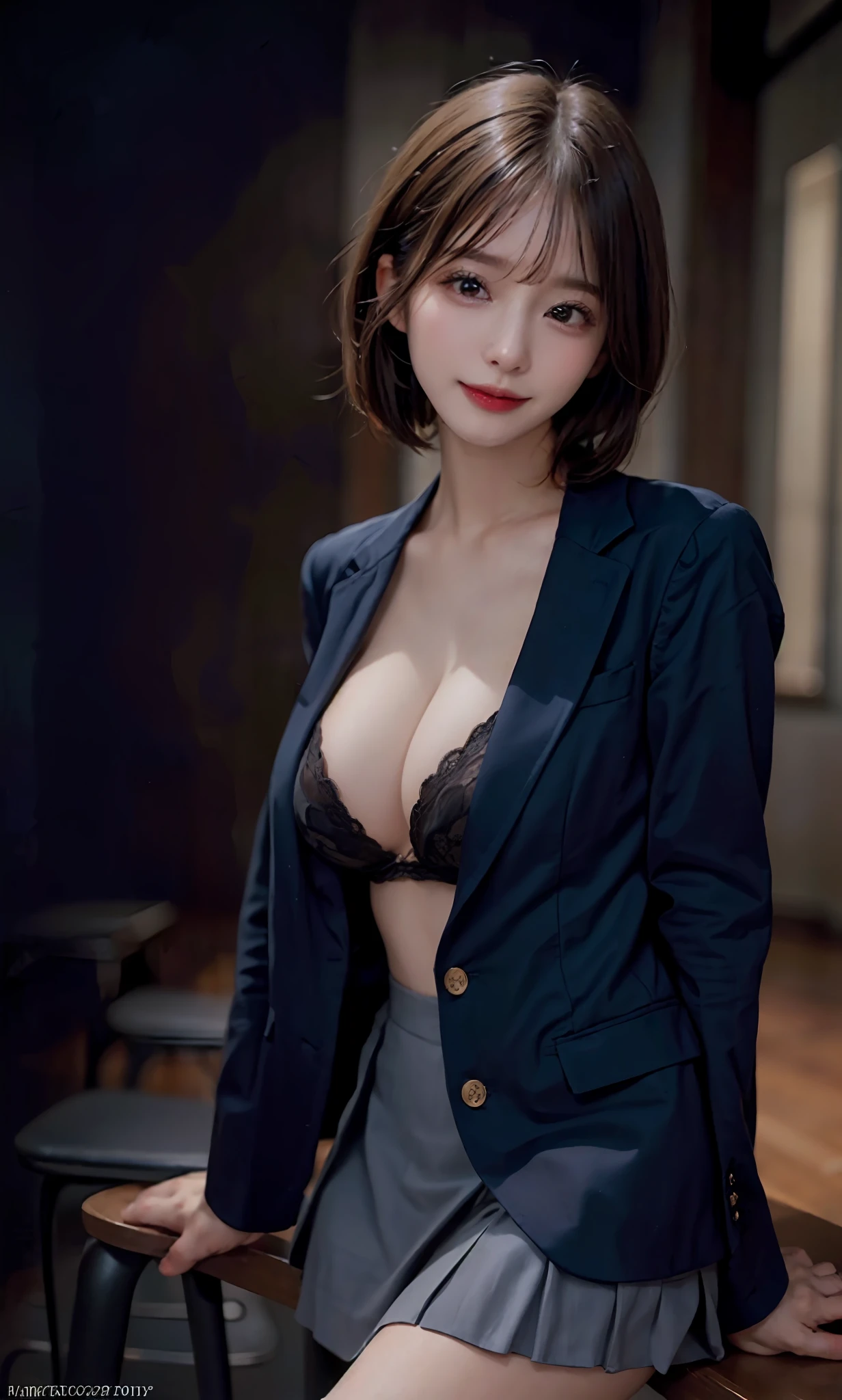(Raw photography:1.2)、best qualiy、beautiful detailed girls、Sorrisos、short-haired、Dark blue suit、Very detailed eyes and face、Beautiful detailed eyes、huge filesize、high - resolution、8k壁紙、finelydetail、Locker Room、Light on the face、Movie lighting、18 year old girl、Sexy Poses、(photo realism:1.4)、illutstration、super-detail、Jacket with open buttons、Short skirt、skinny thigh、Shirt wide open to the chest、cleavage breasts、bra-less